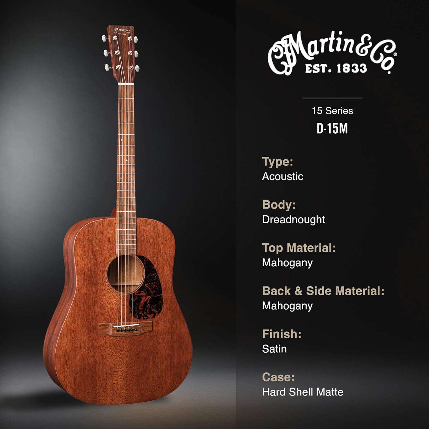 Martin Guitar D-15M with Gig Bag, Acoustic Guitar for the Working Musician, Mahogany Construction, Satin Finish, D-14 Fret, and Low Oval Neck Shape