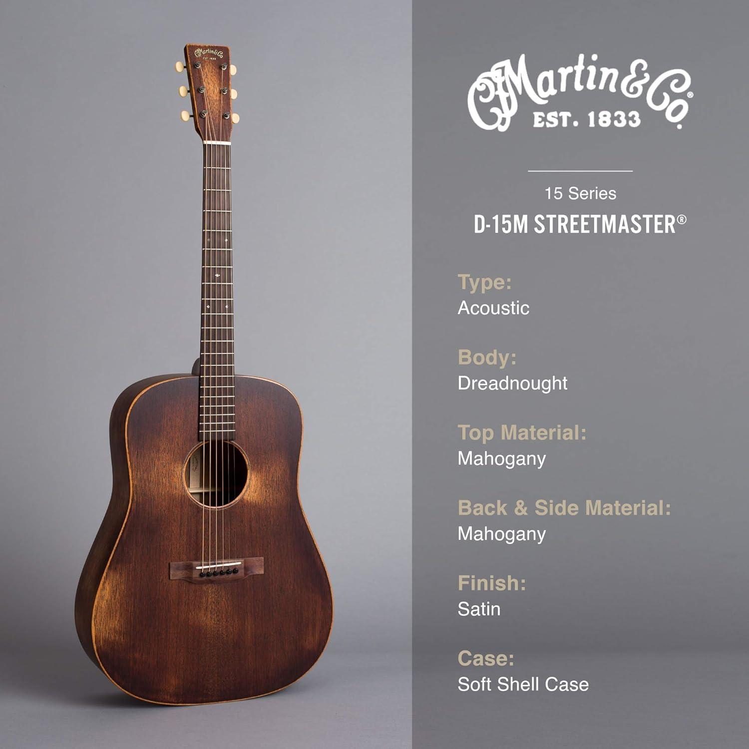 Martin Guitar D-15M with Gig Bag, Acoustic Guitar for the Working Musician, Mahogany Construction, Satin Finish, D-14 Fret, and Low Oval Neck Shape