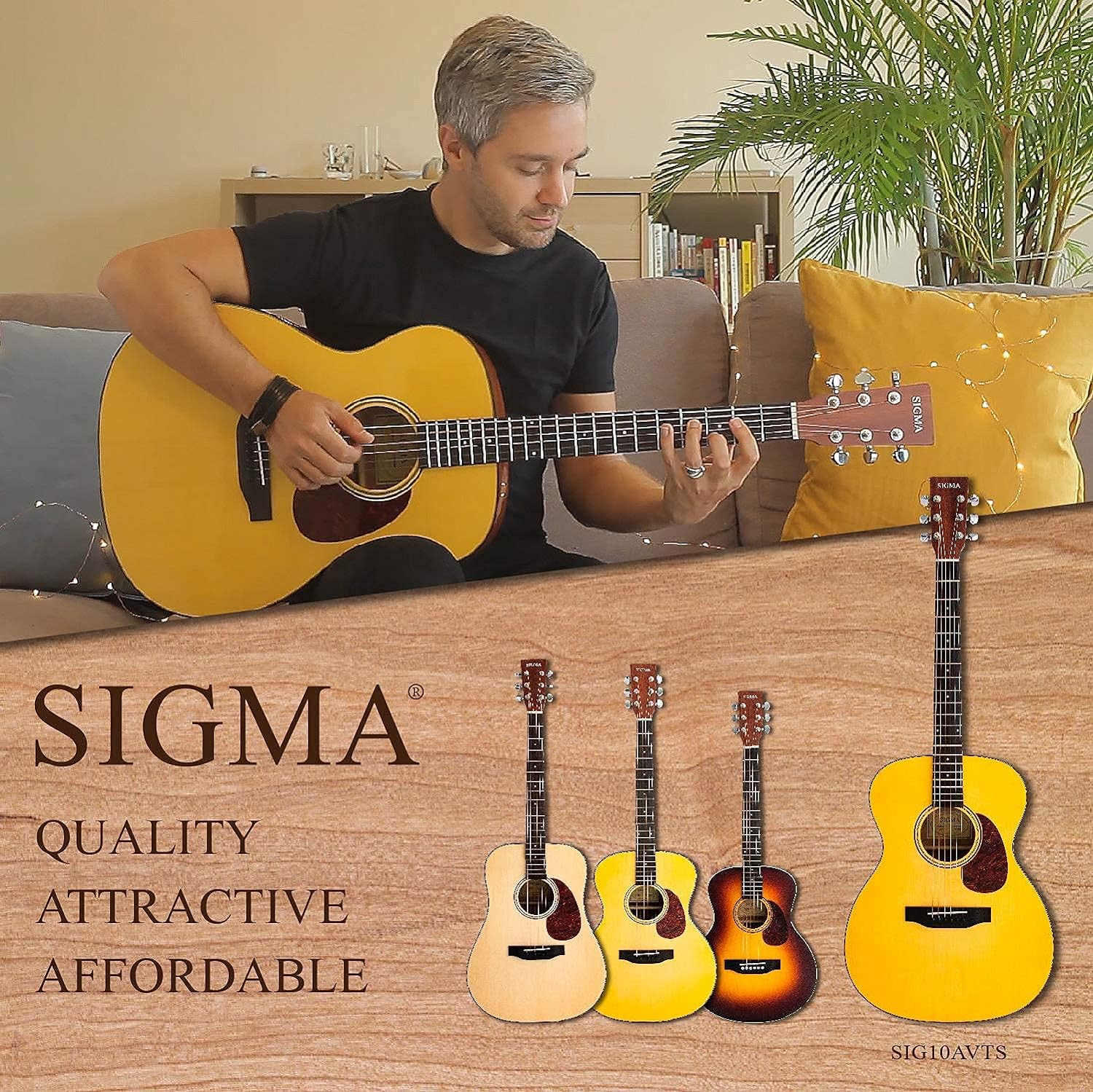 SIGMA 40” Acoustic Guitar, OOO, 4/4 Full-Size, with DAddario EXP16 Strings, Solid Spruce Top, Vintage Tinted Gloss, Mahogany Back Sides, Right(10A)