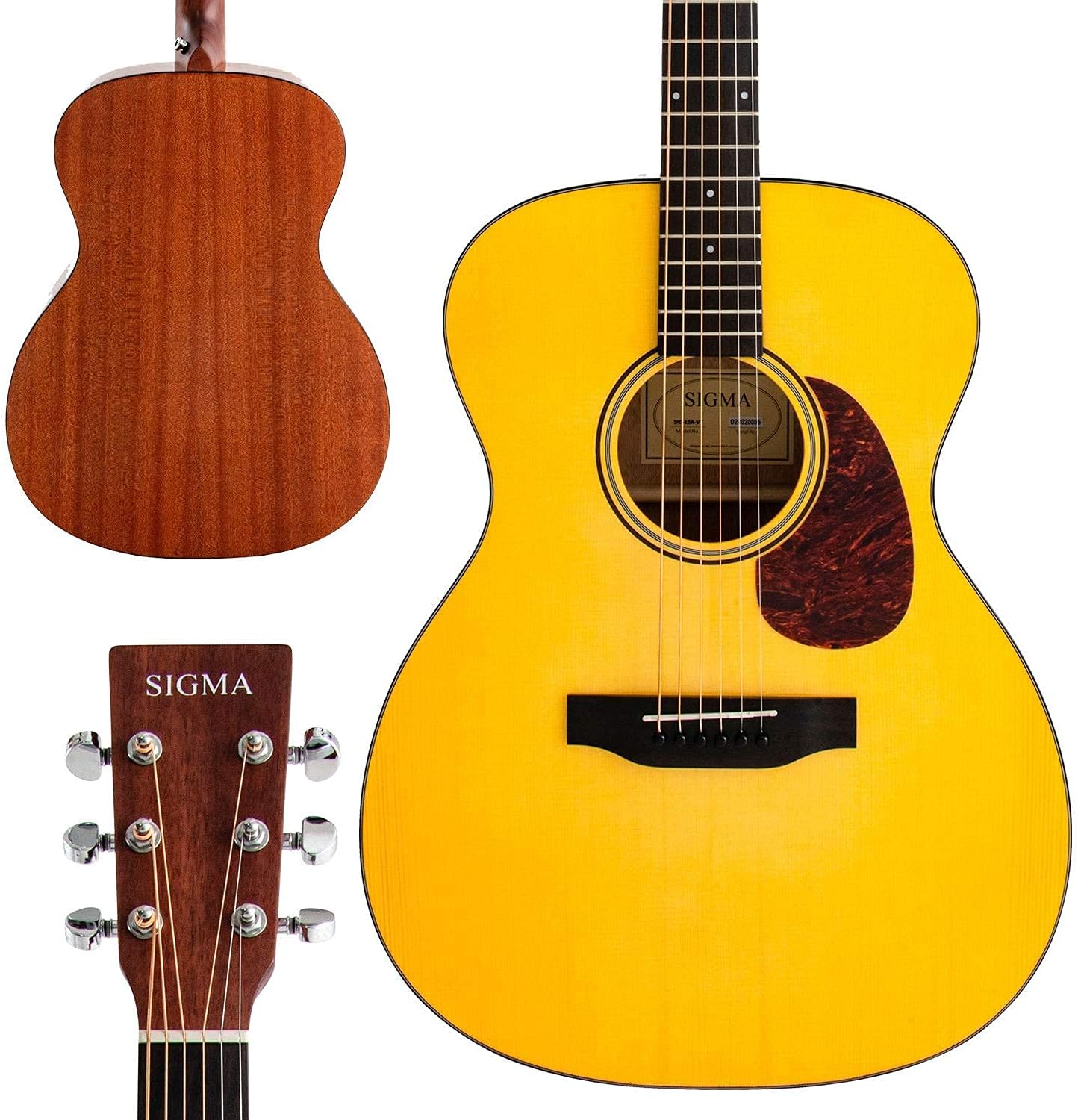 SIGMA 40” Acoustic Guitar, OOO, 4/4 Full-Size, with DAddario EXP16 Strings, Solid Spruce Top, Vintage Tinted Gloss, Mahogany Back Sides, Right(10A)