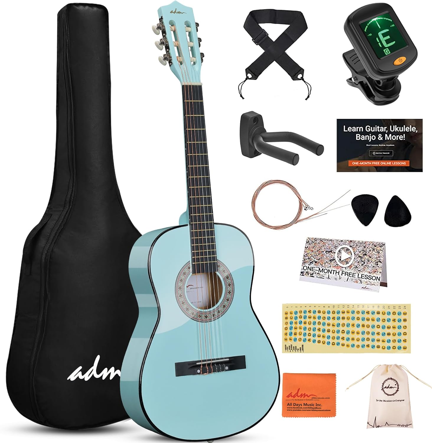 ADM Beginner Acoustic Classical Guitar 30 Inch Nylon Strings Wooden Guitar Bundle Kit for Kid Boy Girl Student Youth Guitarra Online Lessons with Gig Bag, Strap, Tuner, Extra Strings, Picks,Black 1