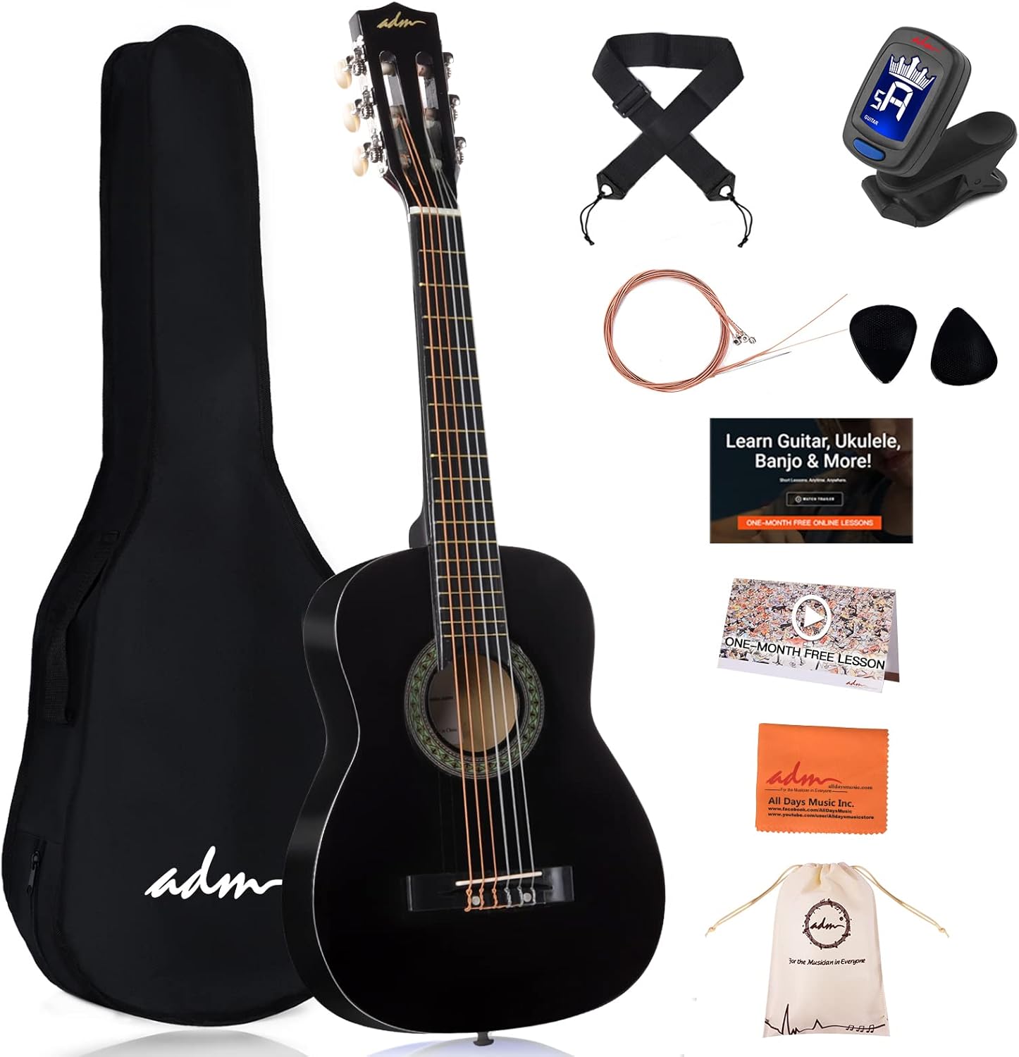 ADM Beginner Acoustic Classical Guitar 30 Inch Nylon Strings Wooden Guitar Bundle Kit for Kid Boy Girl Student Youth Guitarra Online Lessons with Gig Bag, Strap, Tuner, Extra Strings, Picks,Black 1