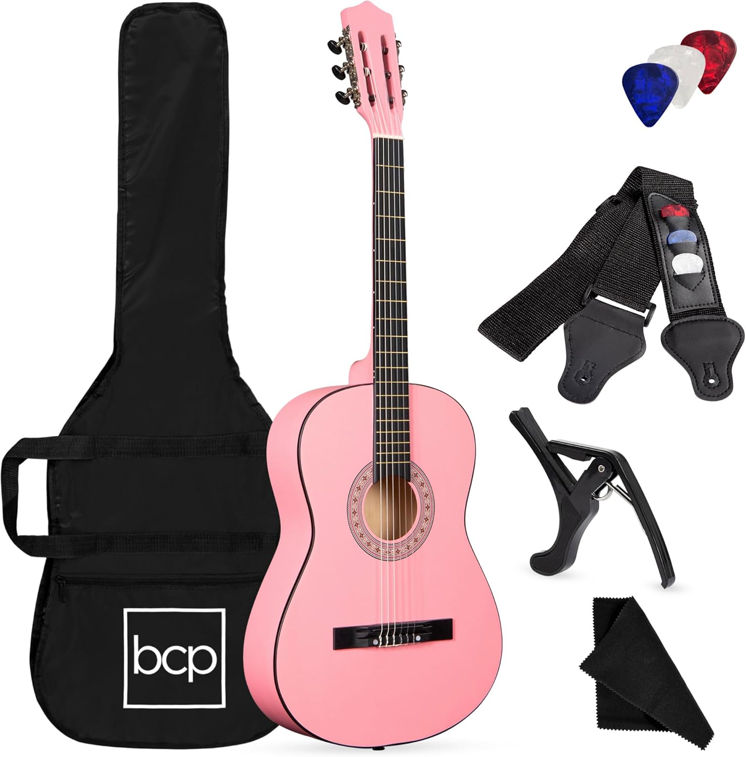 Best Choice Products 38in Beginner All Wood Acoustic Guitar Starter Kit w/Gig Bag, 6 Celluloid Picks, Nylon Strings, Capo, Cloth, Strap w/Pick Holder - Matte Black