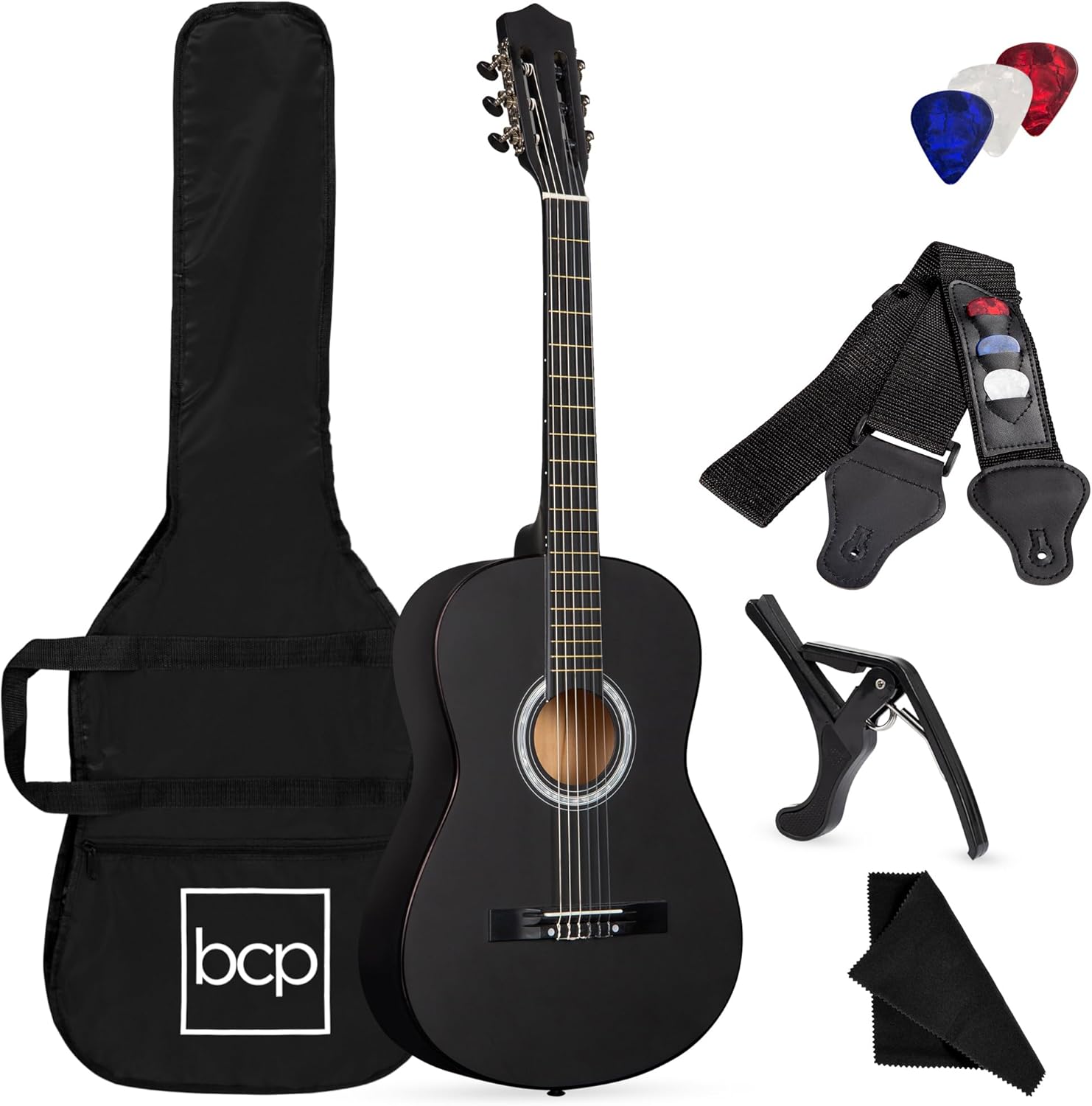 Best Choice Products 38in Beginner All Wood Acoustic Guitar Starter Kit w/Gig Bag, 6 Celluloid Picks, Nylon Strings, Capo, Cloth, Strap w/Pick Holder - Matte Black