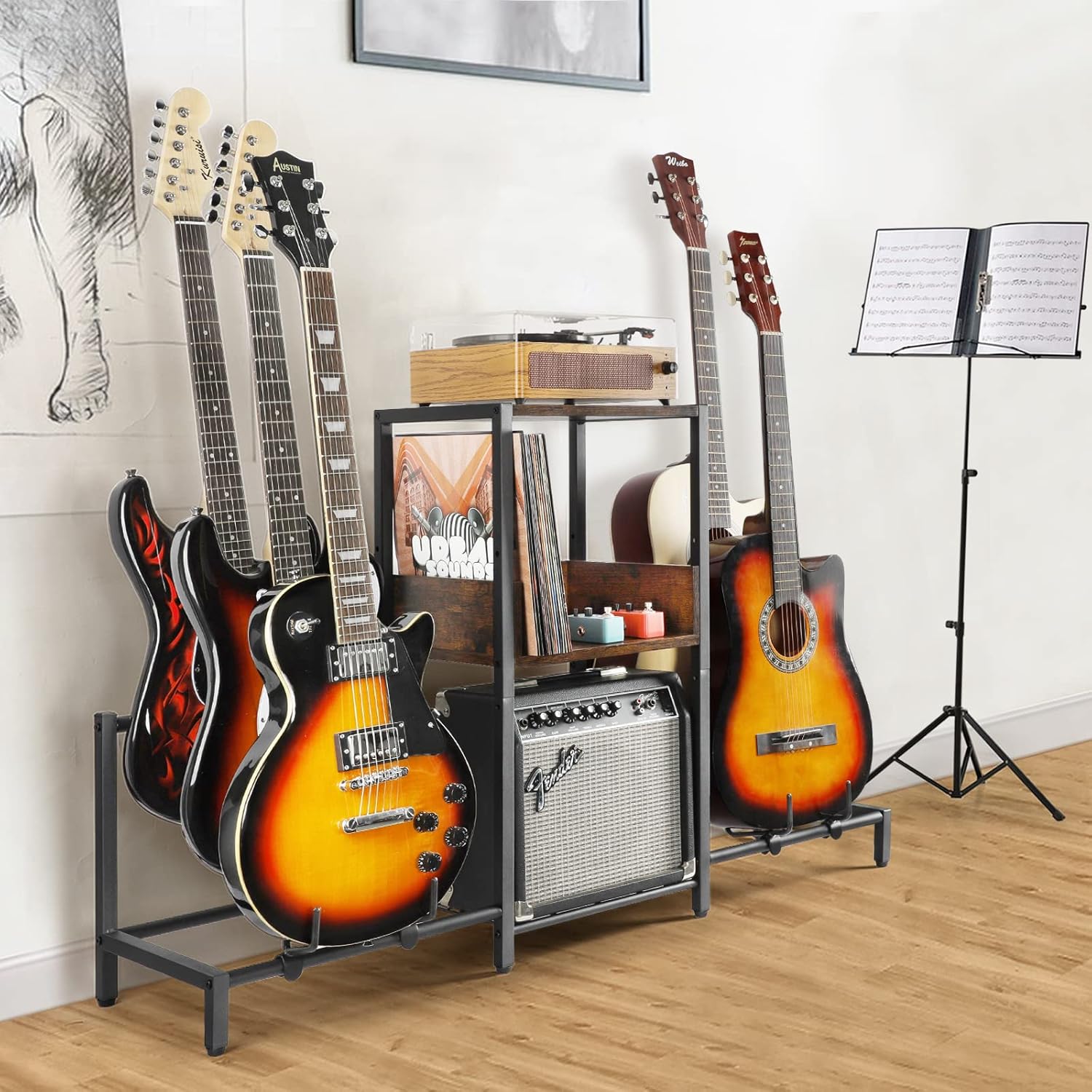 Bikoney Guitar Stand 4-Tier for Acoustic, Electric Guitar, Bass, Guitar Rack Holder Floor Adjustable for Multiple Guitars, Guitar Amp Accessories, Guitar Holder Display for Room Home Studio (Patent)