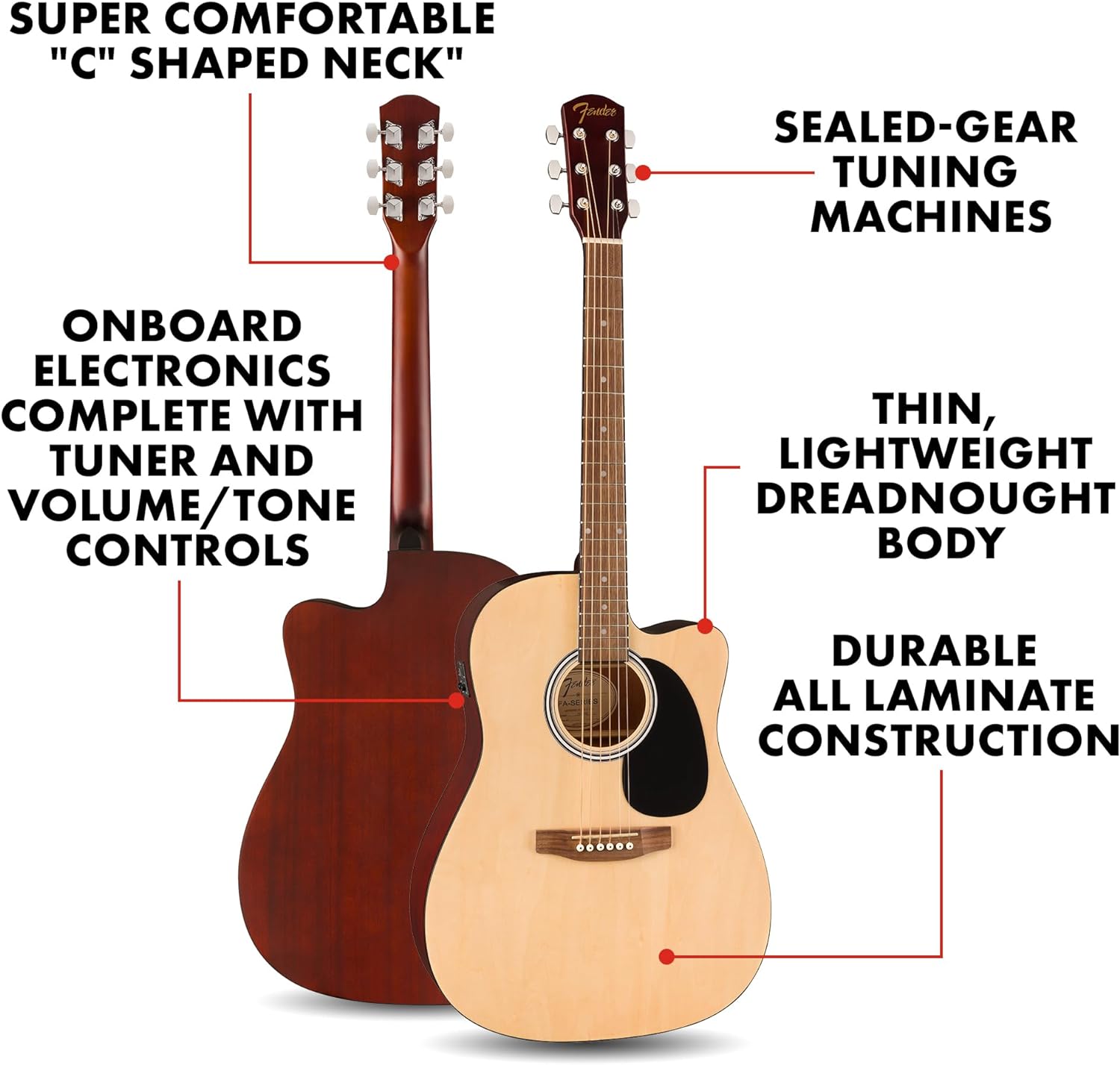 Fender FA-25CE Dreadnought Acoustic Electric Guitar, Beginner Guitar, with 2-Year Warranty, Includes Built-in Tuner and On-Board Volume and Tone Controls, Comes with Free Lessons, Natural