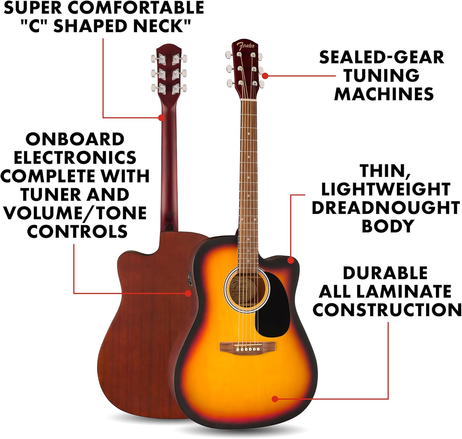 Fender FA-25CE Dreadnought Acoustic Electric Guitar, Beginner Guitar, with 2-Year Warranty, Includes Built-in Tuner and On-Board Volume and Tone Controls, Comes with Free Lessons, Natural