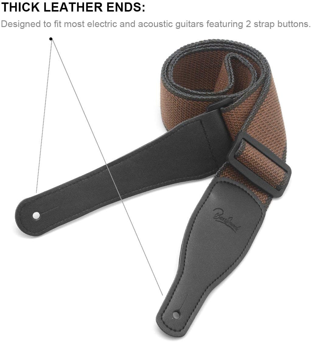 BestSounds Acoustic Guitar Strap, Soft Cotton Leather Ends Strap for Electric Bass Guitars come with 1 Button 2 Locks