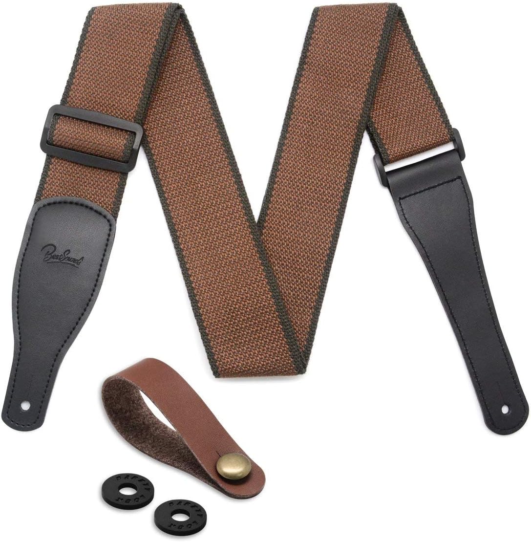 BestSounds Acoustic Guitar Strap, Soft Cotton Leather Ends Strap for Electric Bass Guitars come with 1 Button 2 Locks