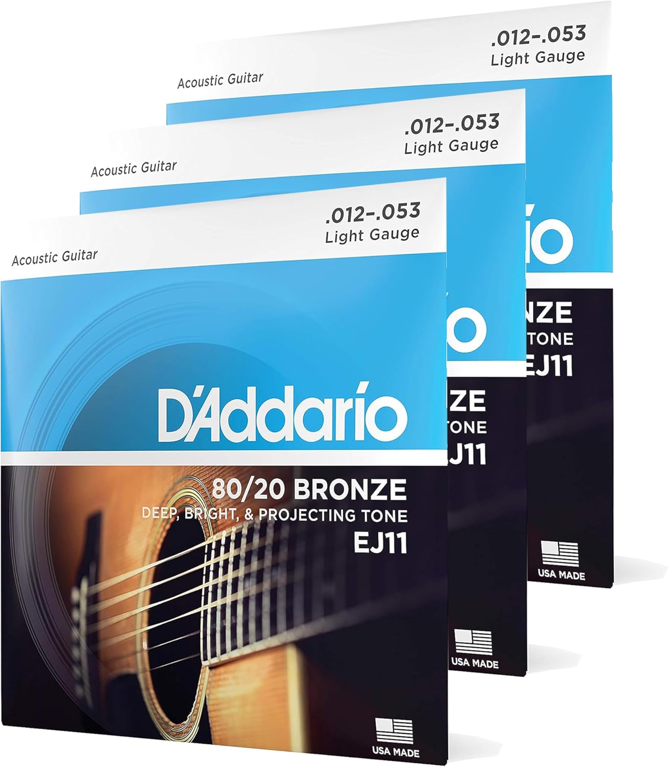 DAddario Guitar Strings - Acoustic Guitar Strings - 80/20 Bronze - For 6 String Guitar - Deep, Bright, Projecting Tone - EJ11-3D - Light, 12-53 - 3-Pack.