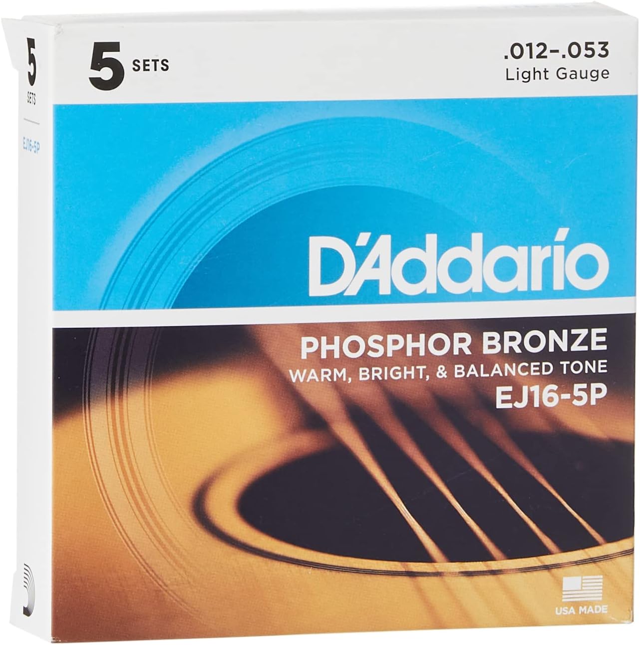 DAddario Guitar Strings - Phosphor Bronze Acoustic Guitar Strings - EJ16 - Rich, Full Tonal Spectrum - For 6 String Guitars - 12-53 Light