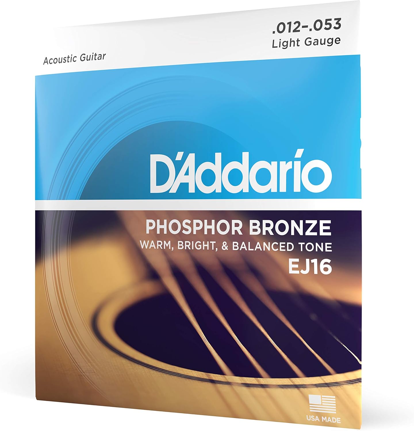 DAddario Guitar Strings - Phosphor Bronze Acoustic Guitar Strings - EJ16 - Rich, Full Tonal Spectrum - For 6 String Guitars - 12-53 Light