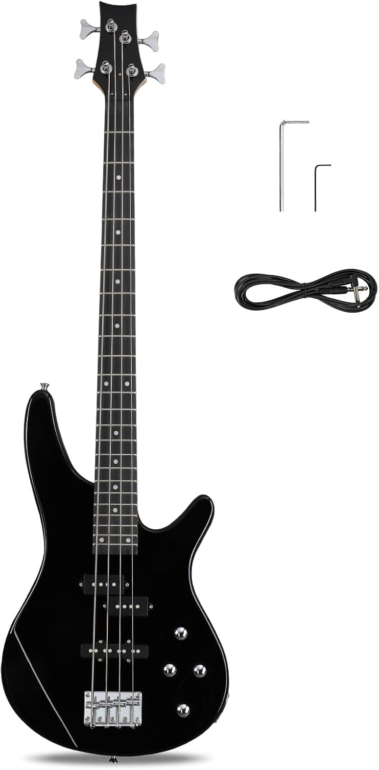 Ktaxon 4 String Electric Bass Guitar, Full Size Standard Right Handed Rosewood Fingerboard Beginner Kit with Cable Wrench Tool (Black)