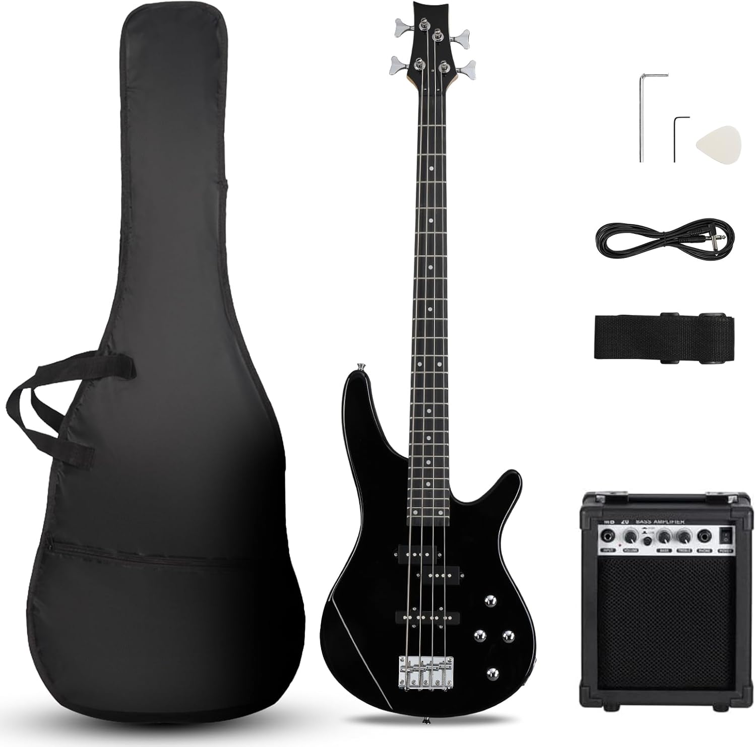 Ktaxon Electric Bass Guitar 4 String Bass Guitar with 20 Watt Amplifier, PJ Type Pickup, Naturally air-dried Maple Neck, Rosewood Fretboard, Basswood Body(Black)