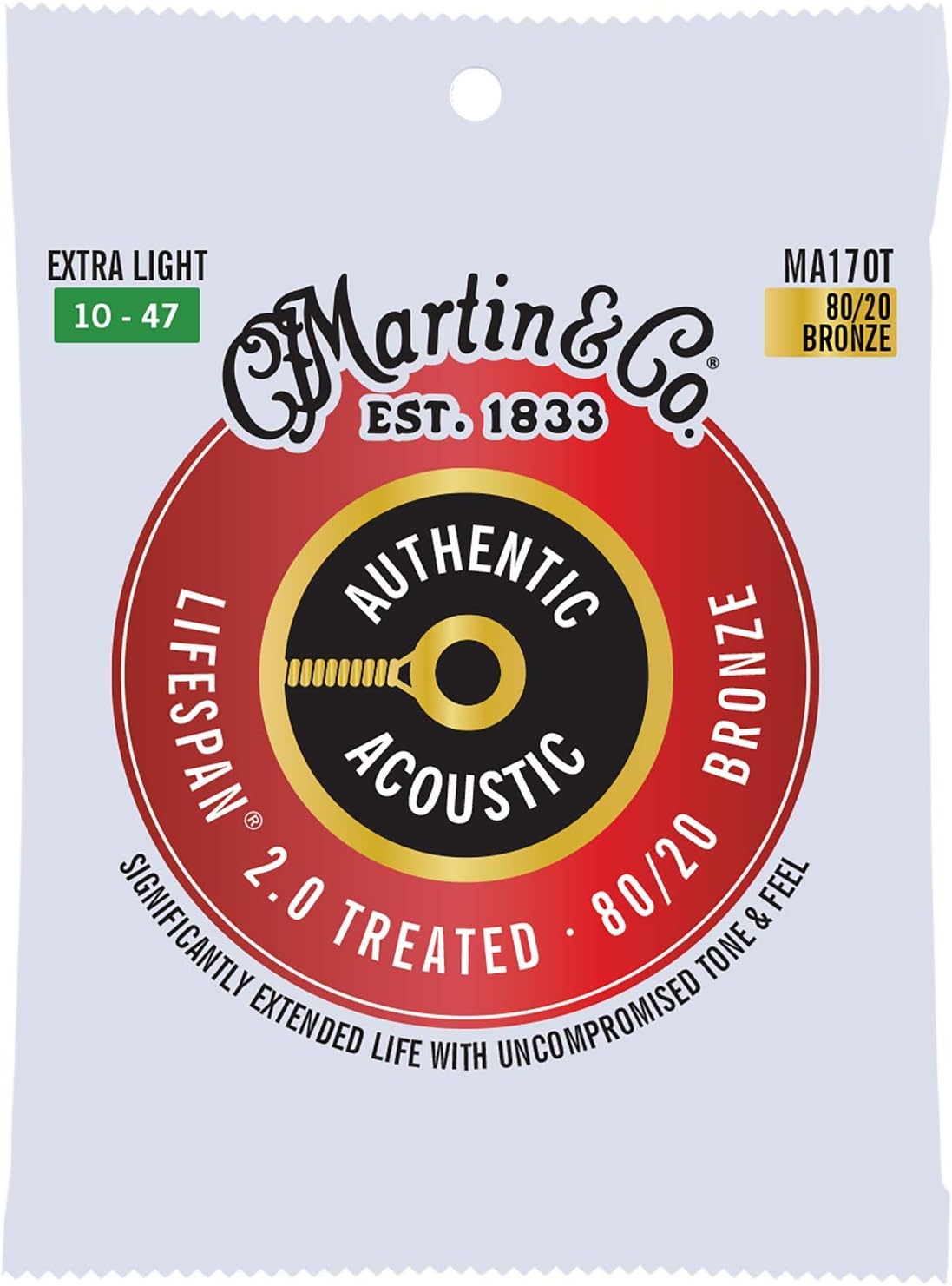 Martin Authentic Acoustic Guitar Strings, Lifespan 2.0 Treated, Extra Light, 80/20 Bronze