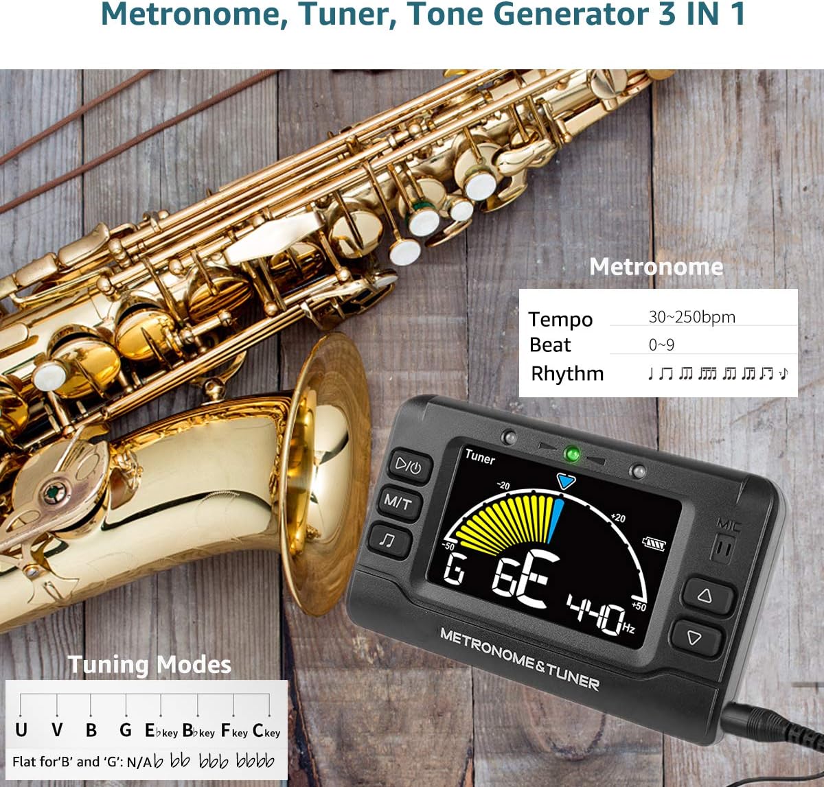 Metronome Tuner, Rechargeable 3 In 1 Digital Metronome Tuner Tone Generator for Guitar, Bass, Violin, Ukulele and Chromatic,Clarinet, Trumpet, Flute, Tuners for All Instruments