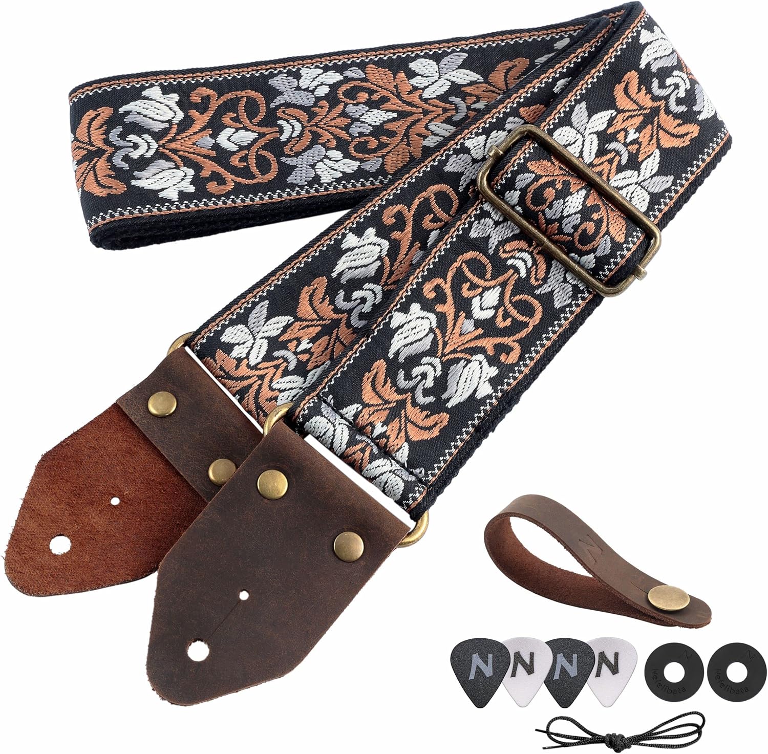 Nefelibata Guitar Strap,Jacquard Embroidery Cotton Guitar Straps with Crazy Horse Leather Ends for Bass, Electric Acoustic, Best Gifts for Kids, Guitarists(Retro Brown Flower)