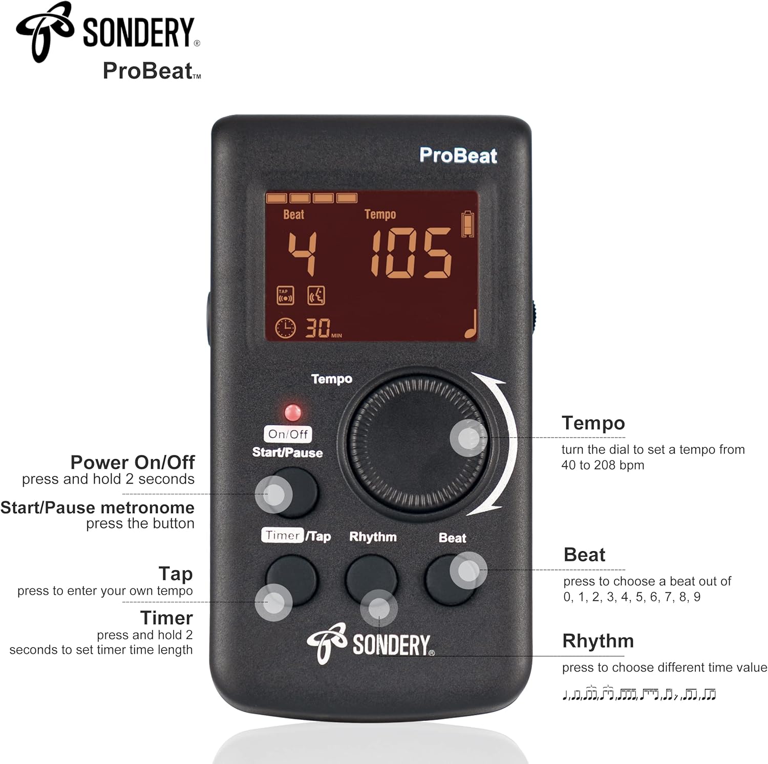 Sondery Digital Metronome for Guitar Piano Drum and All Instruments with Timer, English Vocal Counting and 3 Different Sounds with Earphone Jack and Flashing Light, Loud Volume, Rechargeable