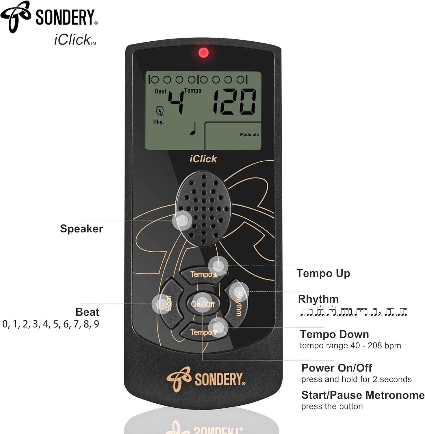 Sondery Digital Metronome for Guitar Piano Drum and All Instruments with Timer, English Vocal Counting and 3 Different Sounds with Earphone Jack and Flashing Light, Loud Volume, Rechargeable