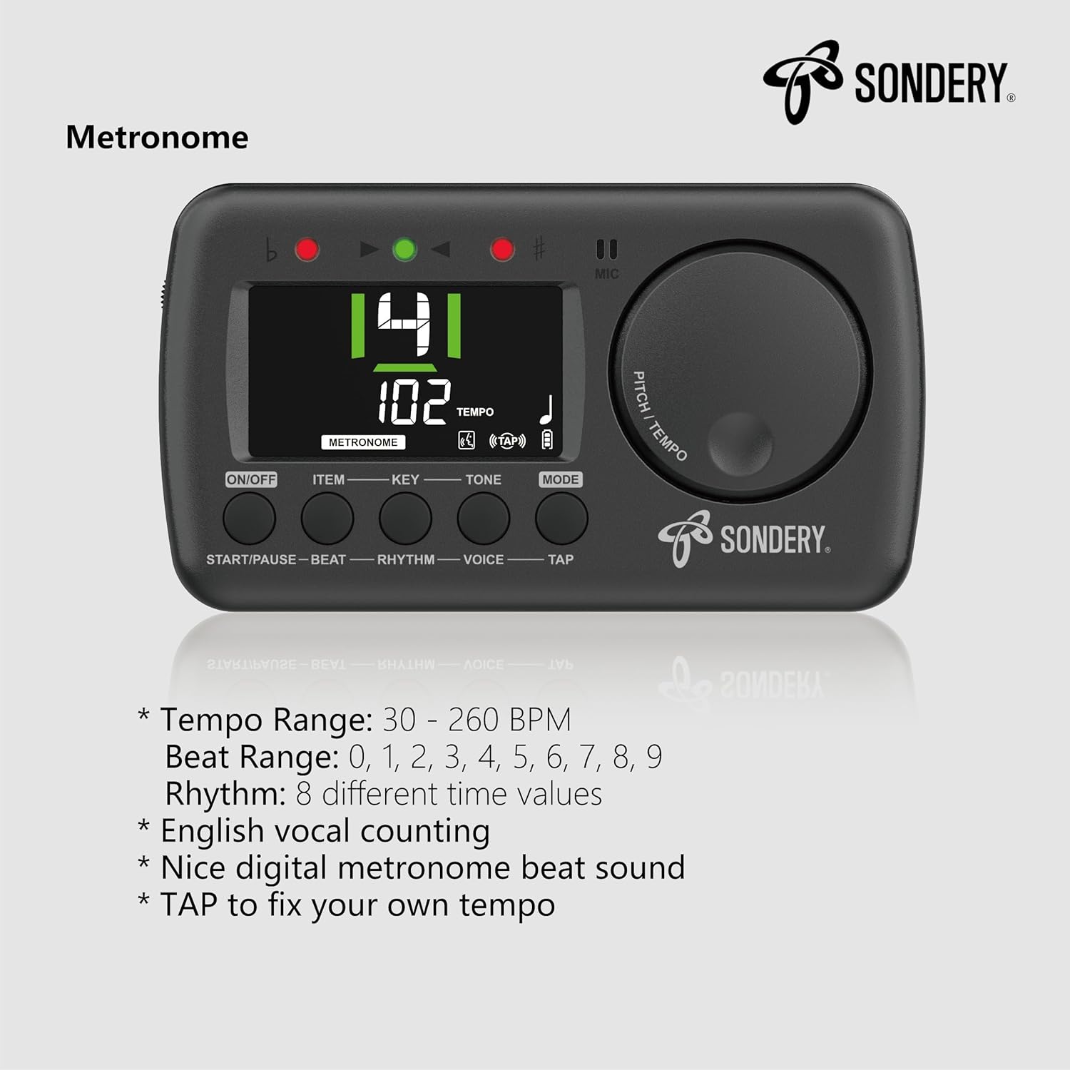 Sondery Digital Metronome for Guitar Piano Drum and All Instruments with Timer, English Vocal Counting and 3 Different Sounds with Earphone Jack and Flashing Light, Loud Volume, Rechargeable