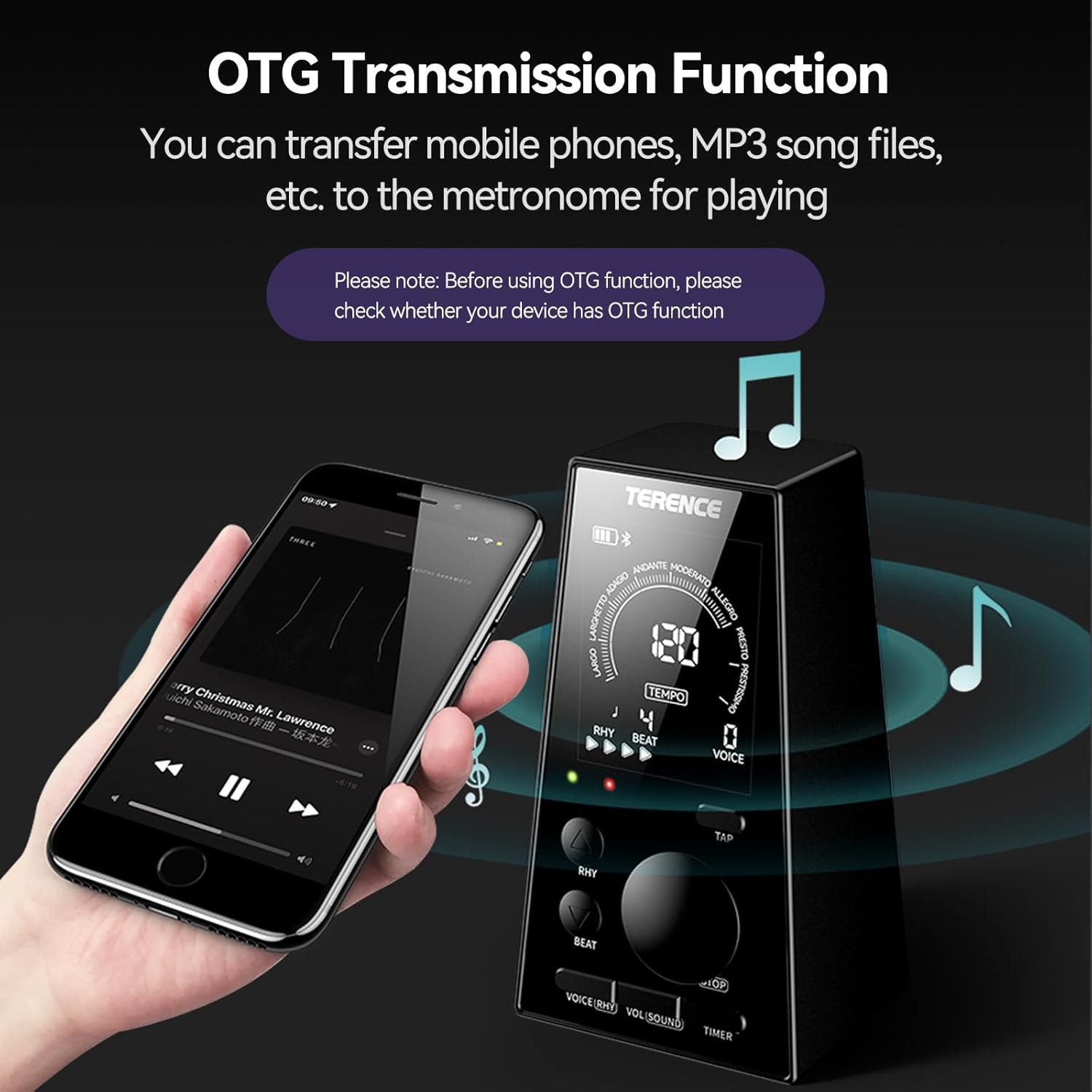 TERENCE Digital Metronome for Piano, Guitar, Drum and All Musical Instruments, Electronic Metronome with Volume, Rhythm Adjustable, Rechargeable, Metronome with Speaker, Timer Function, LCD Display