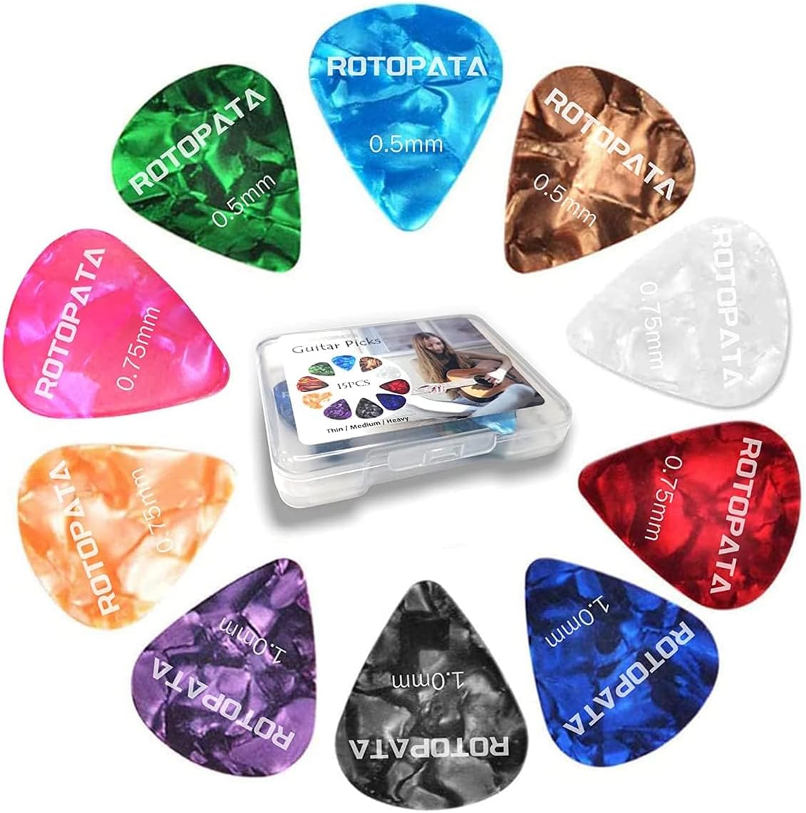 15 Pack Guitar Picks Plectrums with Organizer Storage Box, 0.5 0.75 1.0 mm Includes Thin Medium Heavy Thickness, Variety Colorful Celluloid Plectrums for Bass Electric Acoustic Guitars Ukulele