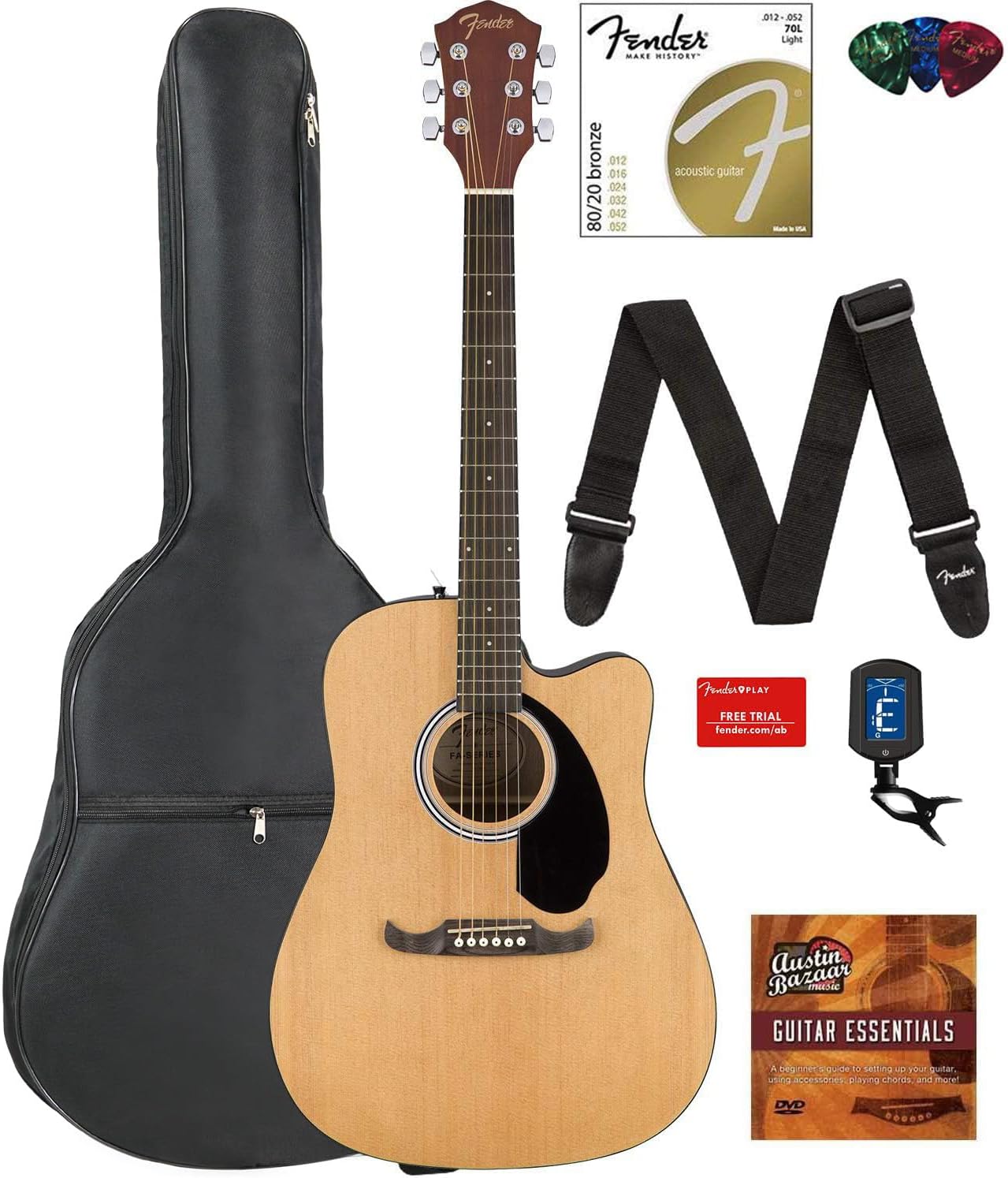 Fender FA-125CE Dreadnought Cutaway Acoustic-Electric Guitar - Natural Bundle with Gig Bag, Tuner, Strap, Strings, Picks, Fender Play Online Lessons, and Austin Bazaar Instructional DVD