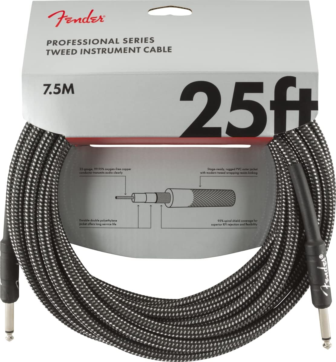 Fender Professional Series Tweed Instrument Cable, Guitar Cable, Stocking Stuffers, Guitar Accessories, Straight/Straight, Spiral Shielding for an Anti-Kinking Design, Daphne Blue, 10ft