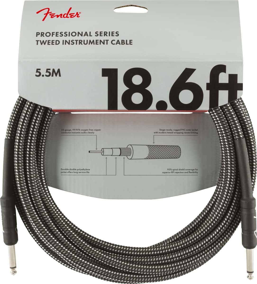 Fender Professional Series Tweed Instrument Cable, Guitar Cable, Stocking Stuffers, Guitar Accessories, Straight/Straight, Spiral Shielding for an Anti-Kinking Design, Daphne Blue, 10ft