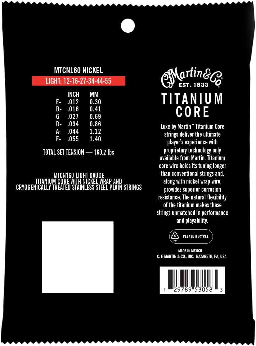 Martin Guitar Titanium Core Strings, Light-Tension Nickel Acoustic Guitar Strings