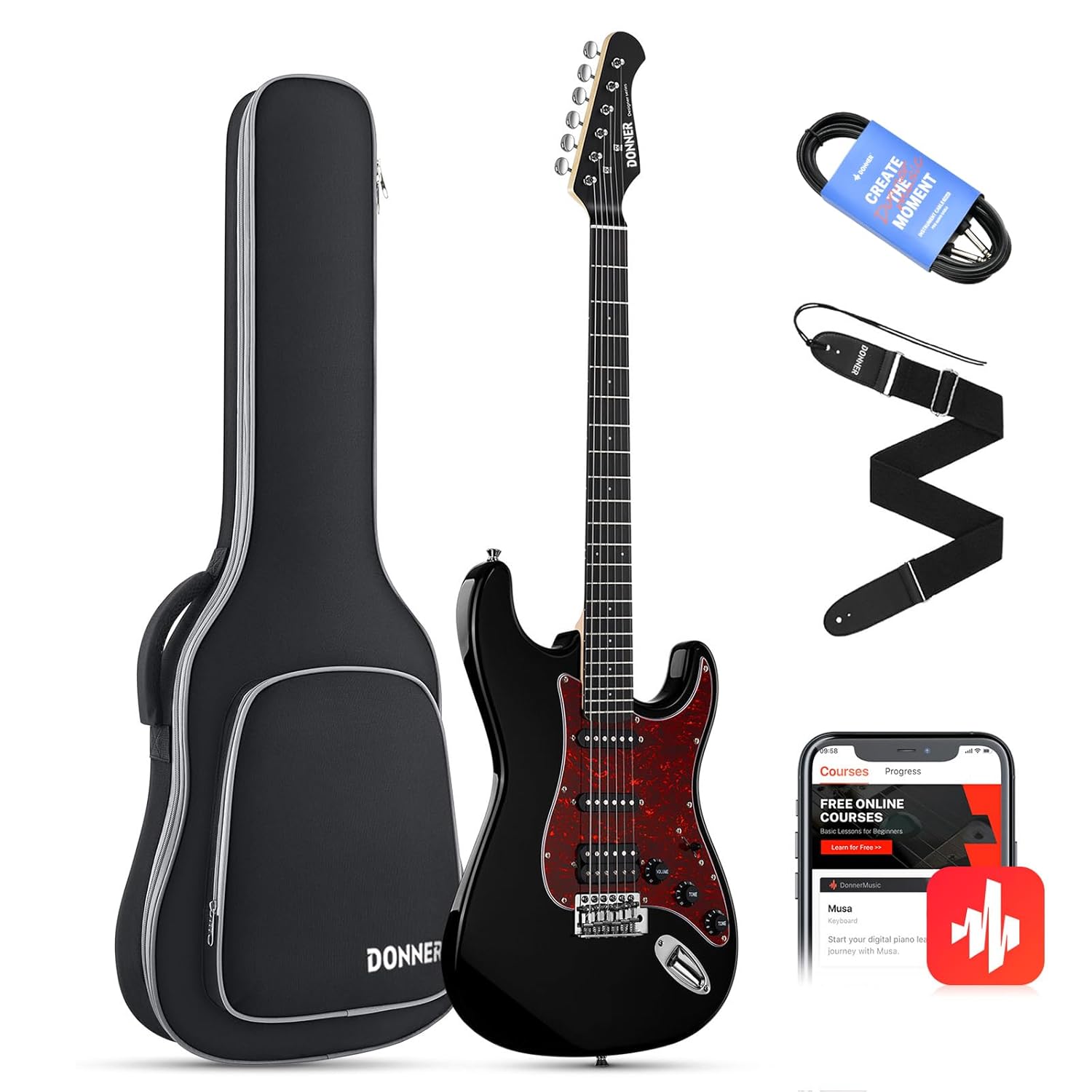 Donner 39 Inch Electric Guitar, Designer Series DST-200 Stylish Solid Body Electric Guitar for Beginner Intermediate Pro Players, Single Coil Split System, Includes Bag, Cable, Strap
