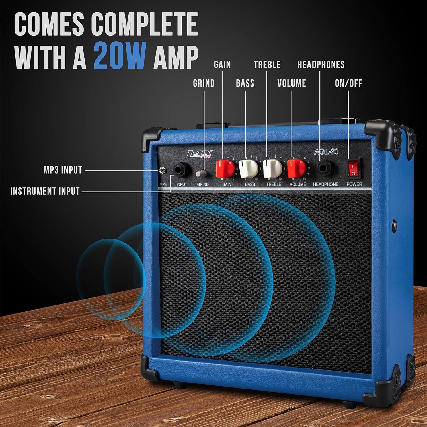 LyxPro 39 inch Electric Guitar Kit Bundle with 20w Amplifier, All Accessories, Digital Clip On Tuner, Six Strings, Two Picks, Tremolo Bar, Shoulder Strap, Case Bag Starter kit Full Size - Blue