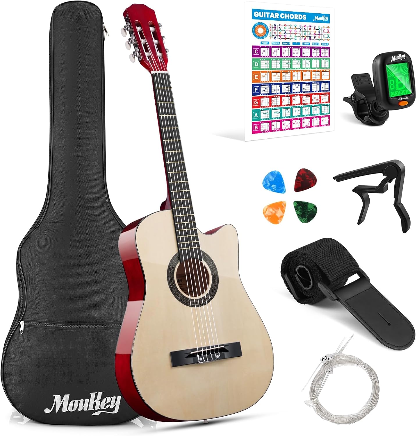 Moukey 38 Acoustic Guitar for Beginners Kids Youth Adult Cutaway Guitarra Acustica Kit with Chord Poster, Gig Bag, Tuner, Picks, Nylon Strings, Capo, Strap - Natural