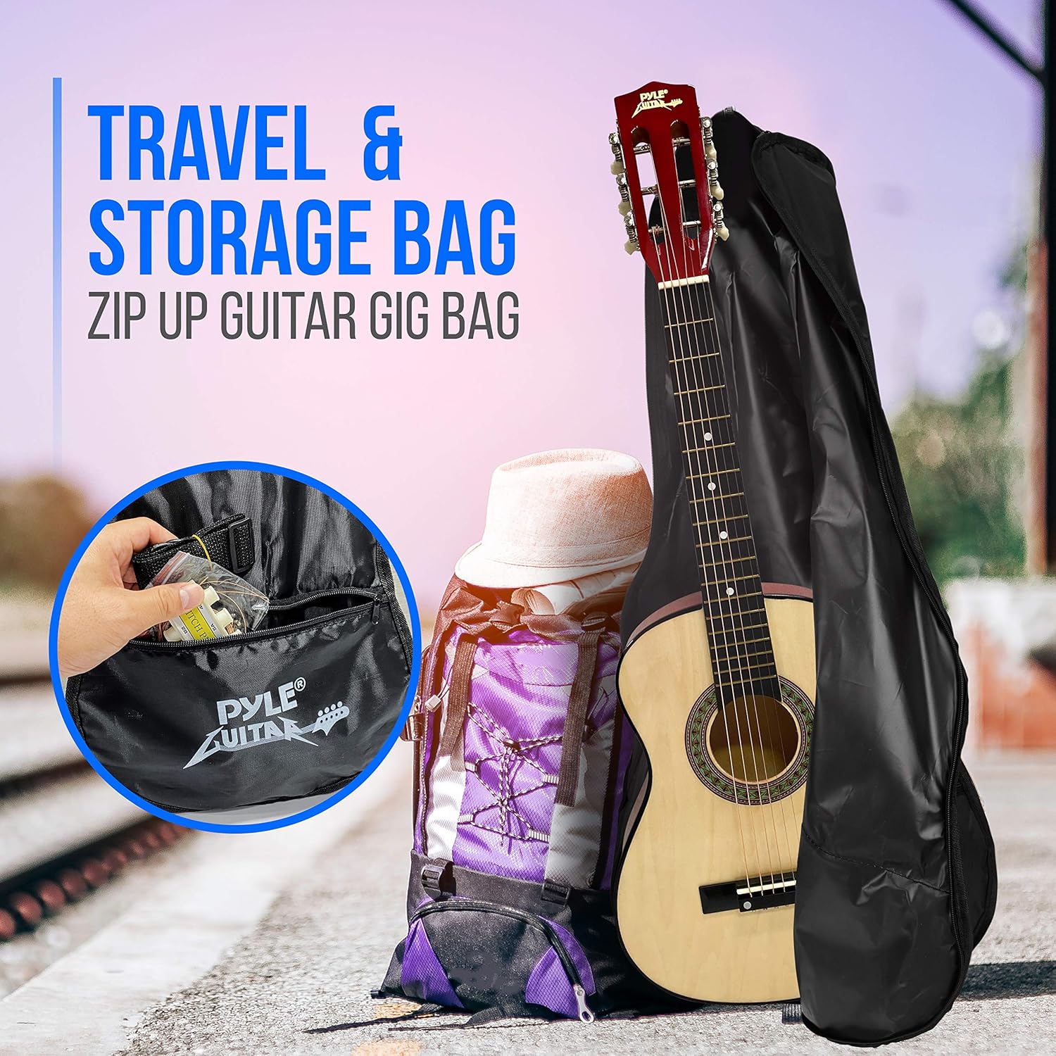 Pyle 30” Classical Acoustic 6 String Linden Traditional Style Guitar w/Wood Fretboard, Case Bag, Nylon Strap, Tuner, 3 Picks-for Beginner, Children Use, Right Handed, (PGAKT30)