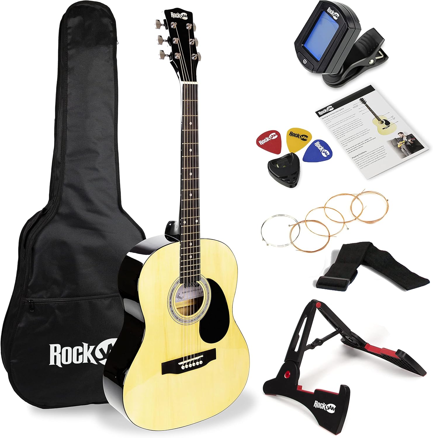RockJam Acoustic Guitar Superkit Includes Stand, Gig Bag, Tuner, Picks, Plectrum Holder, Spare Strings Online Lessons 6 Pack, Right, Natural, Full (RJW-101-N-PK)