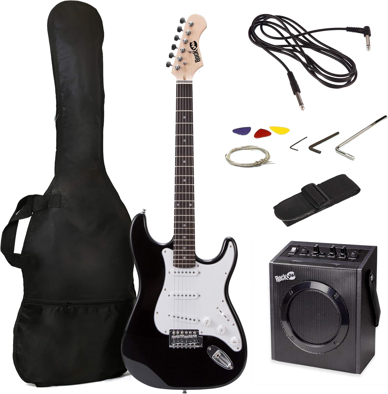RockJam Electric Guitar Superkit with 10-watt Amp, Gig Bag, Picks Online Lessons 6 String Pack, Right, Black, Full (RJEG03-SK-BK)