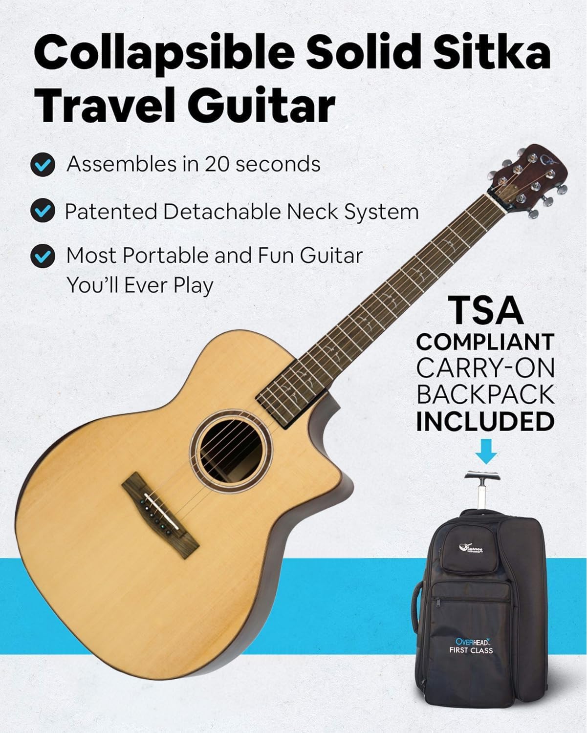 Solid Sitka Travel Guitar – PJ410N Traveling Acoustic Guitar with Collapsible Patented System – Portable Backpack Case (African Mahogany)