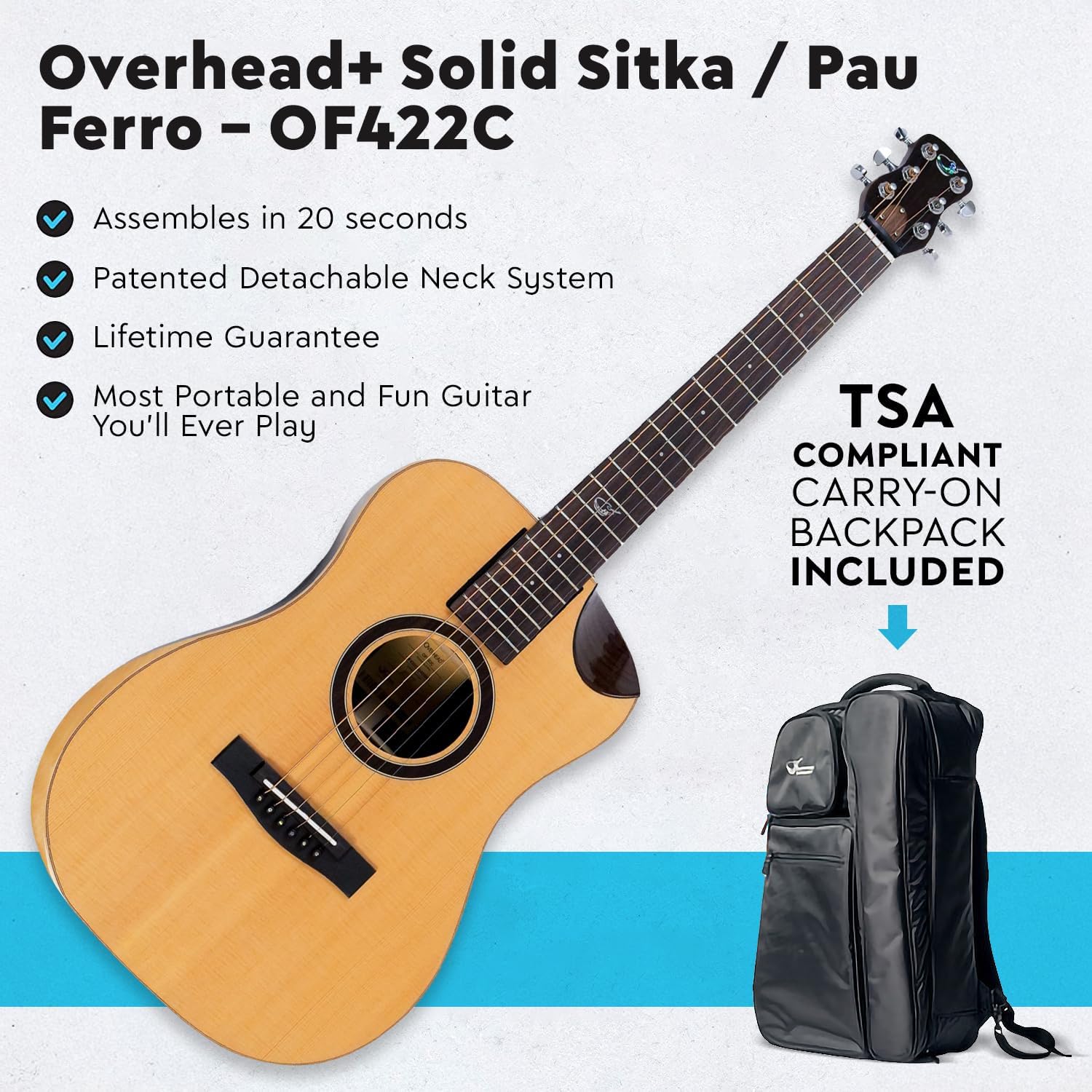 Solid Sitka Travel Guitar – PJ410N Traveling Acoustic Guitar with Collapsible Patented System – Portable Backpack Case (African Mahogany)