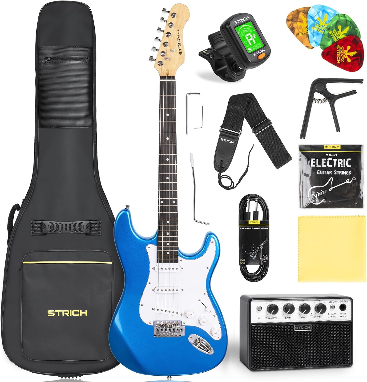 STRICH Electric Guitar Beginner Kit, Solid Body 39 Full Size Electric Guitar SSS Pick Up for Starter, with 5W x 2 Amp, Bag, Digital Tuner, Capo, Strap, String,Cable, Picks, SST-S10 Sapphire Blue