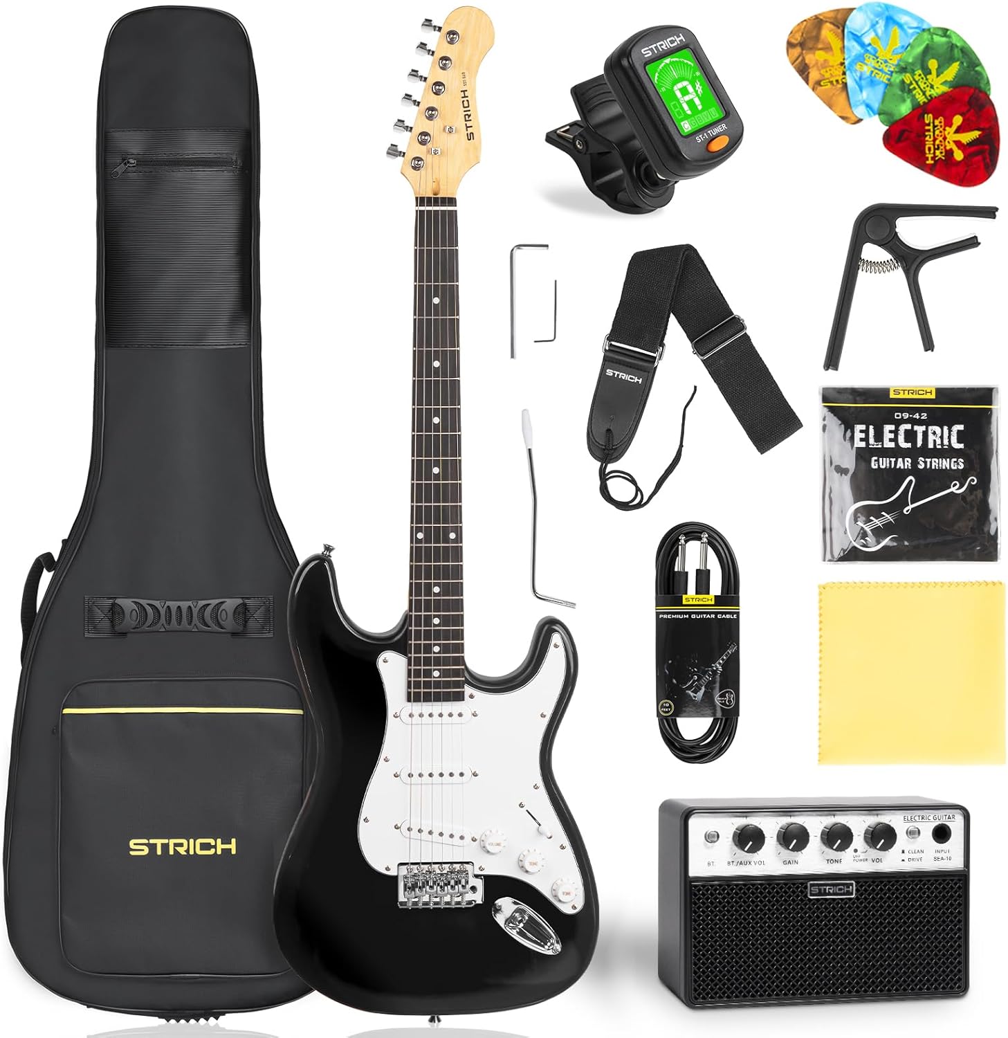 STRICH Electric Guitar Beginner Kit, Solid Body 39 Full Size Electric Guitar SSS Pick Up for Starter, with 5W x 2 Amp, Bag, Digital Tuner, Capo, Strap, String,Cable, Picks, SST-S10 Sapphire Blue