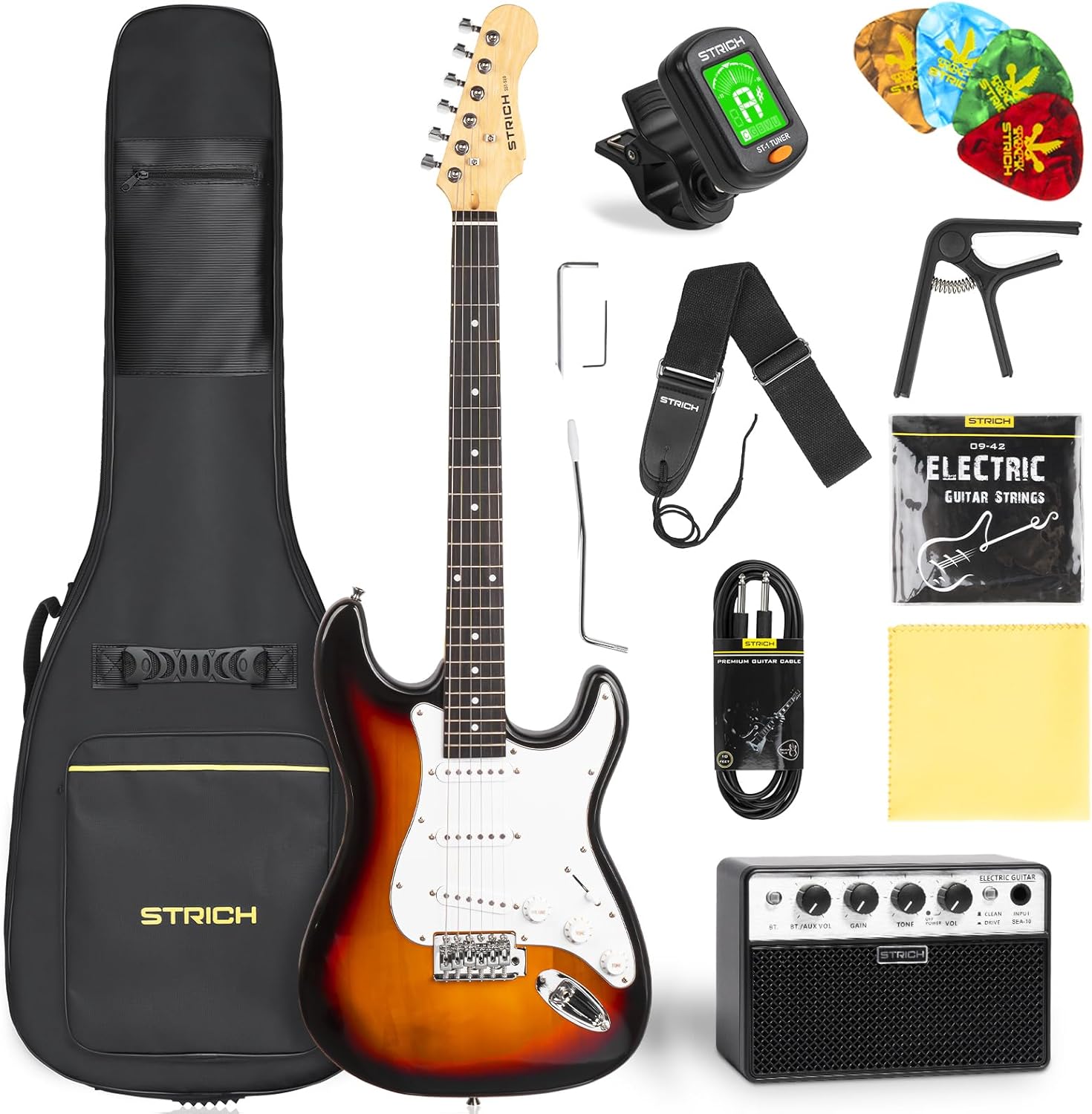 STRICH Electric Guitar Beginner Kit, Solid Body 39 Full Size Electric Guitar SSS Pick Up for Starter, with 5W x 2 Amp, Bag, Digital Tuner, Capo, Strap, String,Cable, Picks, SST-S10 Sapphire Blue
