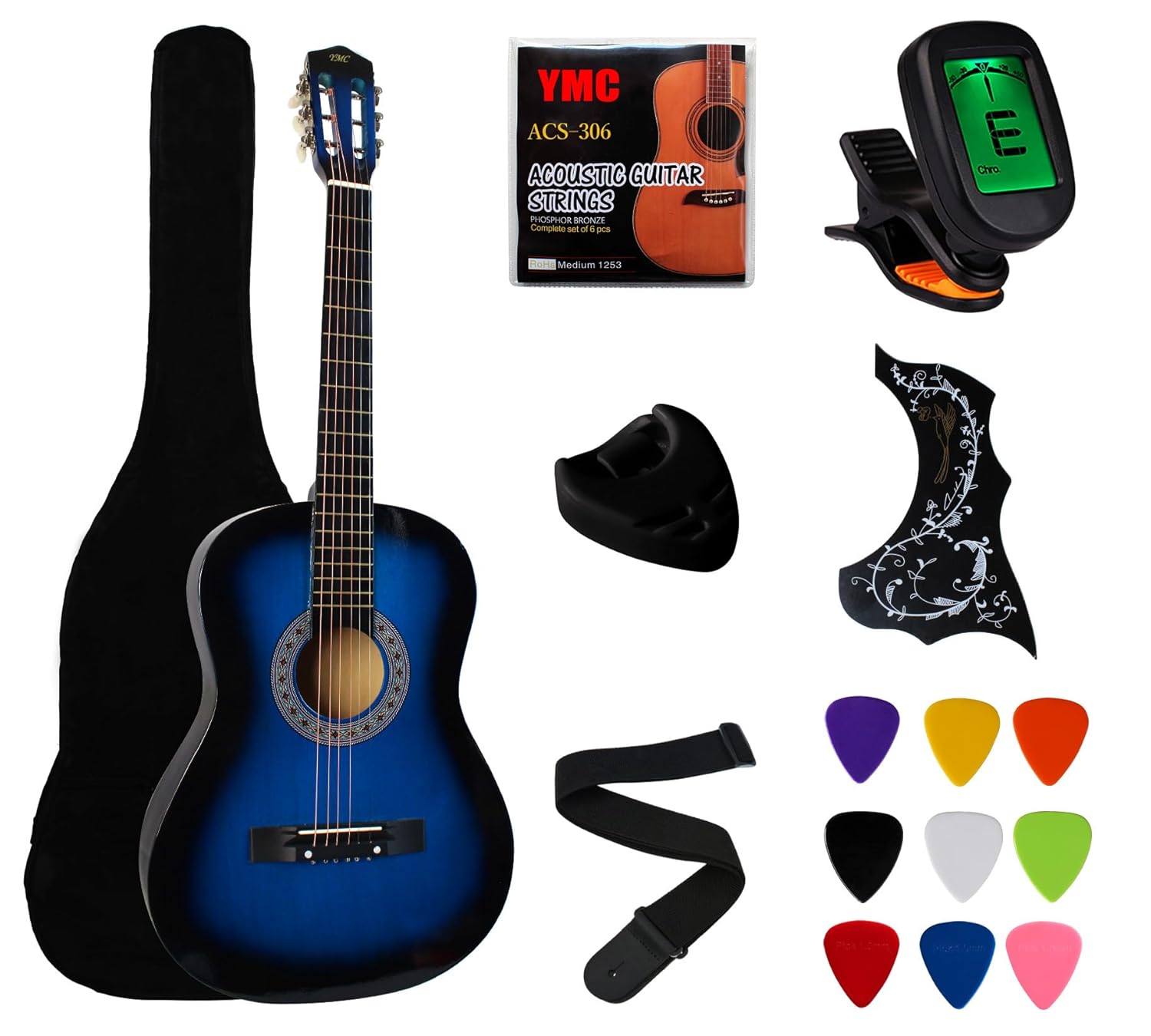 YMC 38 Blue Beginner Acoustic Guitar Starter Package Student Guitar with Gig Bag,Strap, 3 thickness 9 Picks,2 Pickguards,Pick Holder, Extra Strings, Electronic Tuner -Blue