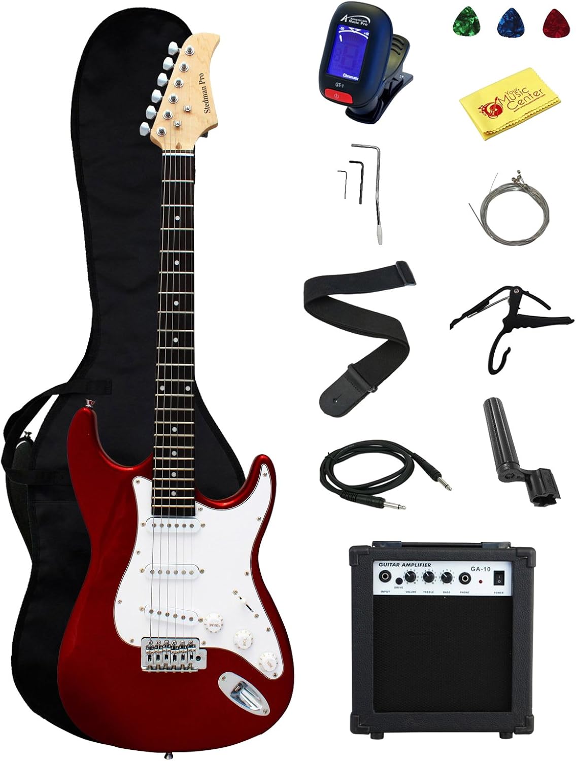 Ymc Full Size Electric Guitar With Amp, Case And Accessories Pack Beginner Starter Package, Metallic Red