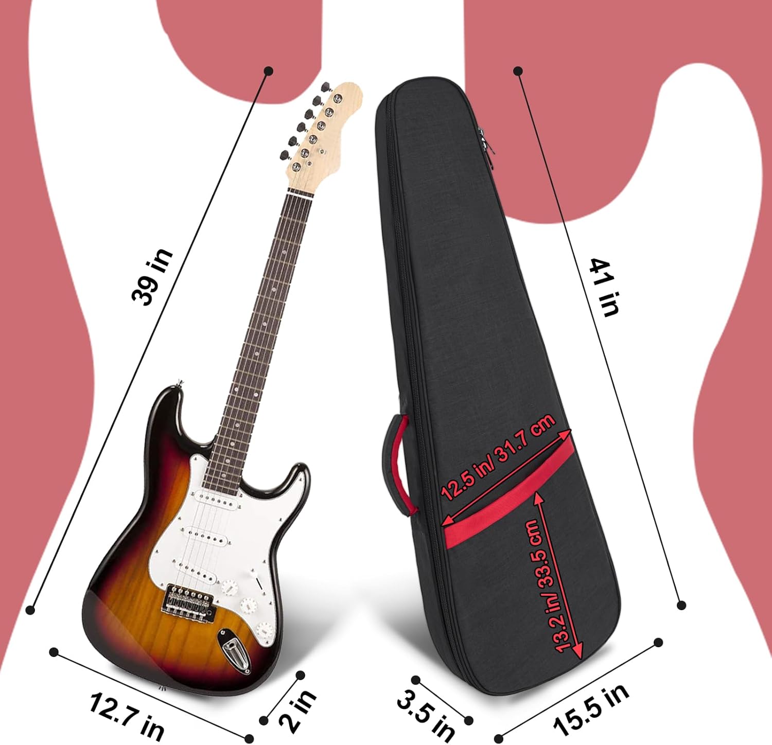 Electric Guitar Bag 11mm Thick Padded Electric Guitar Gig Bag, 39 Inch Electric Guitar Case Backpack with Neck Strap and Pocket, Black