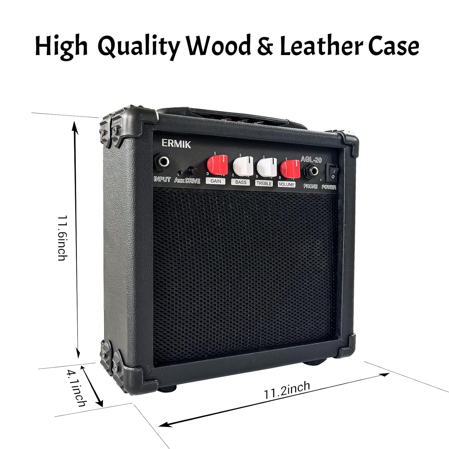 Ermik Electric Guitar Amp 20W Electric Guitar Amplifier Built in Speaker Headphone Jack Input and Aux JackDrive Button 4 Knobs Gain Bass Treble and Volume, Portable - Black (20W)