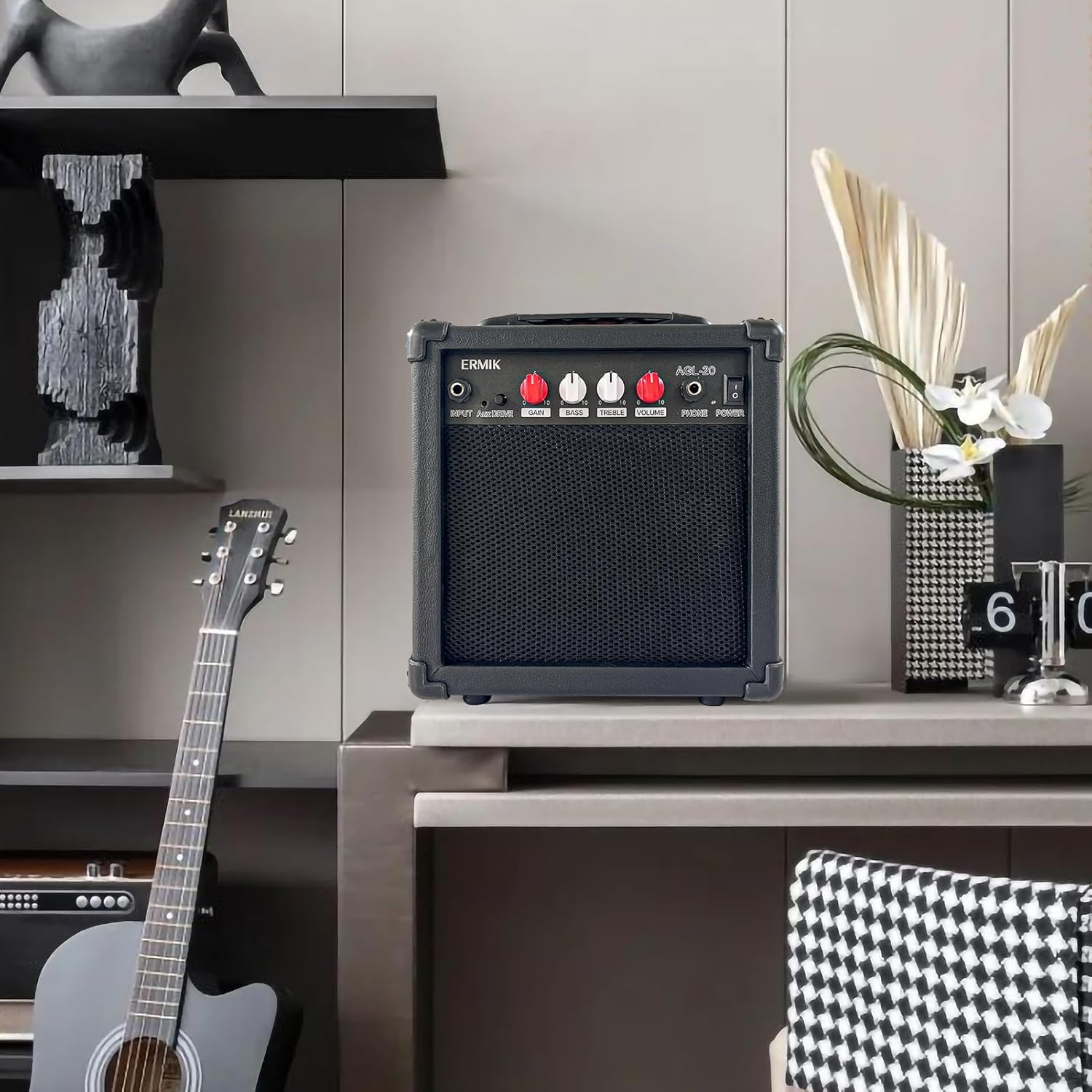 Ermik Electric Guitar Amp 20W Electric Guitar Amplifier Built in Speaker Headphone Jack Input and Aux JackDrive Button 4 Knobs Gain Bass Treble and Volume, Portable - Black (20W)