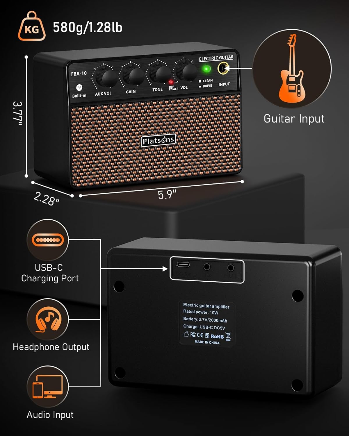 FBA-10 Guitar Amp, 10W Mini Electric Guitar Amplifier with Clean/Drive Channel, 6H Working, USB-C Rechargeable, 3.5mm Headphone/AUX Jack, Wireless Portable Amp for Indoor Practice, Traveling