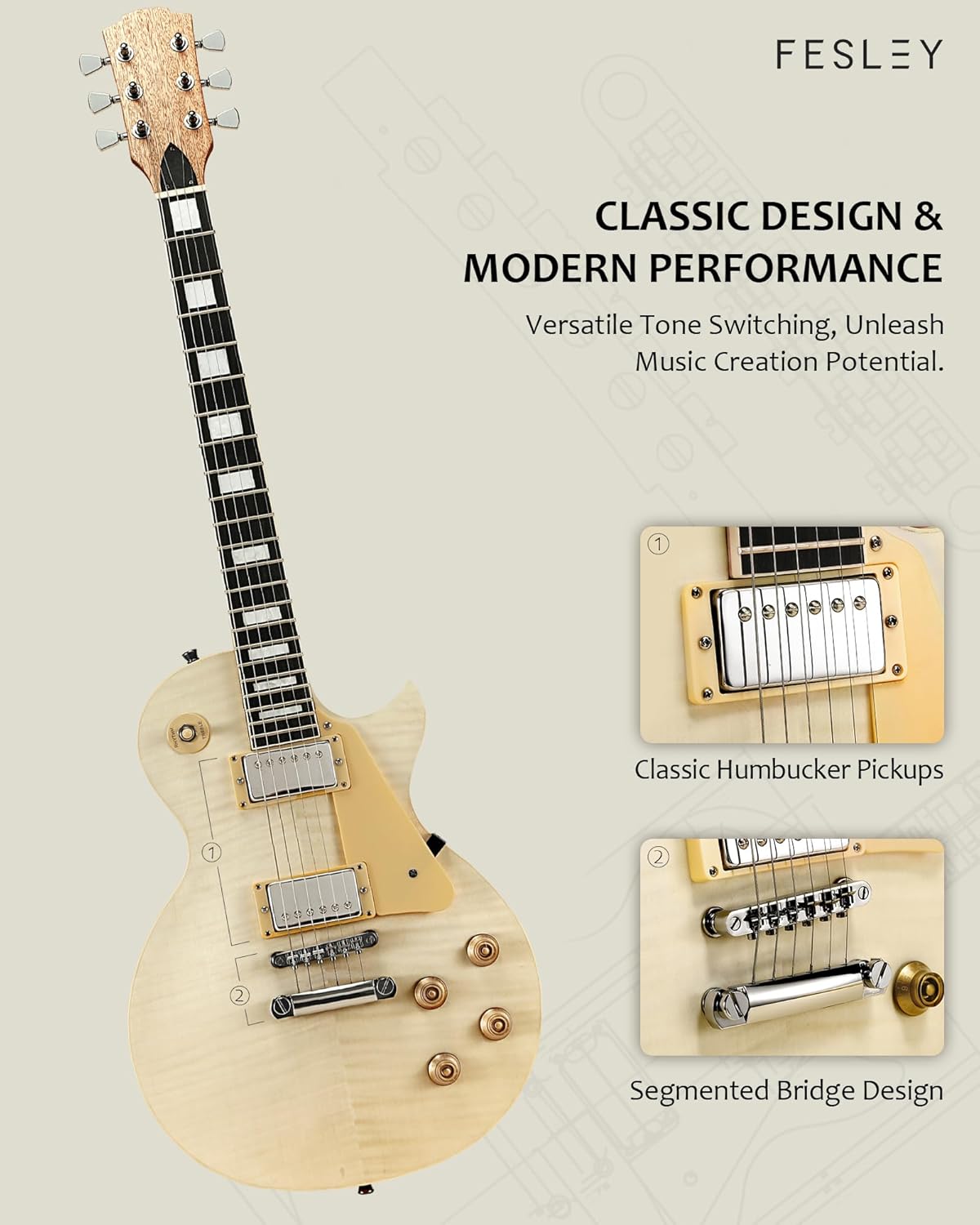 Fesley DIY LP Style Electric Guitar with Mahogany Wood Body/Neck, 6 String, Techwood Fretboard, H-H Pickups, Flamed Maple Veneer Top, Build Your Own Guitar Kit - Natural