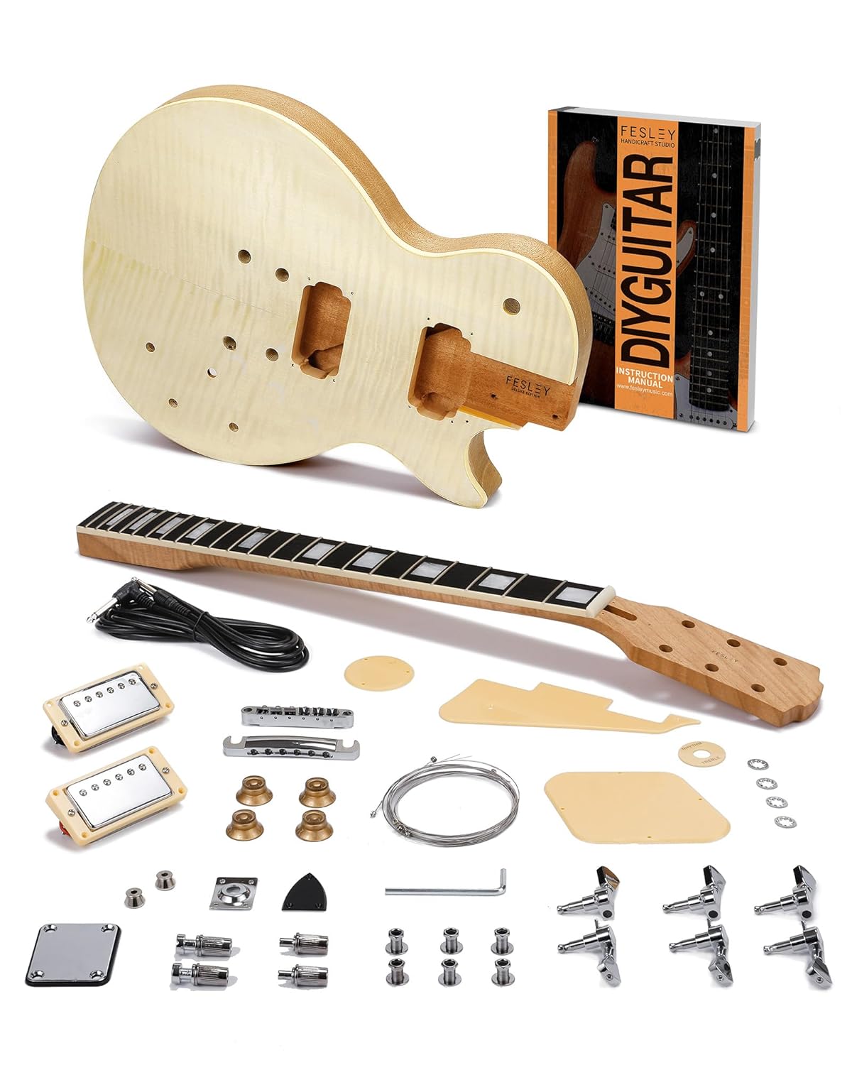 Fesley DIY LP Style Electric Guitar with Mahogany Wood Body/Neck, 6 String, Techwood Fretboard, H-H Pickups, Flamed Maple Veneer Top, Build Your Own Guitar Kit - Natural