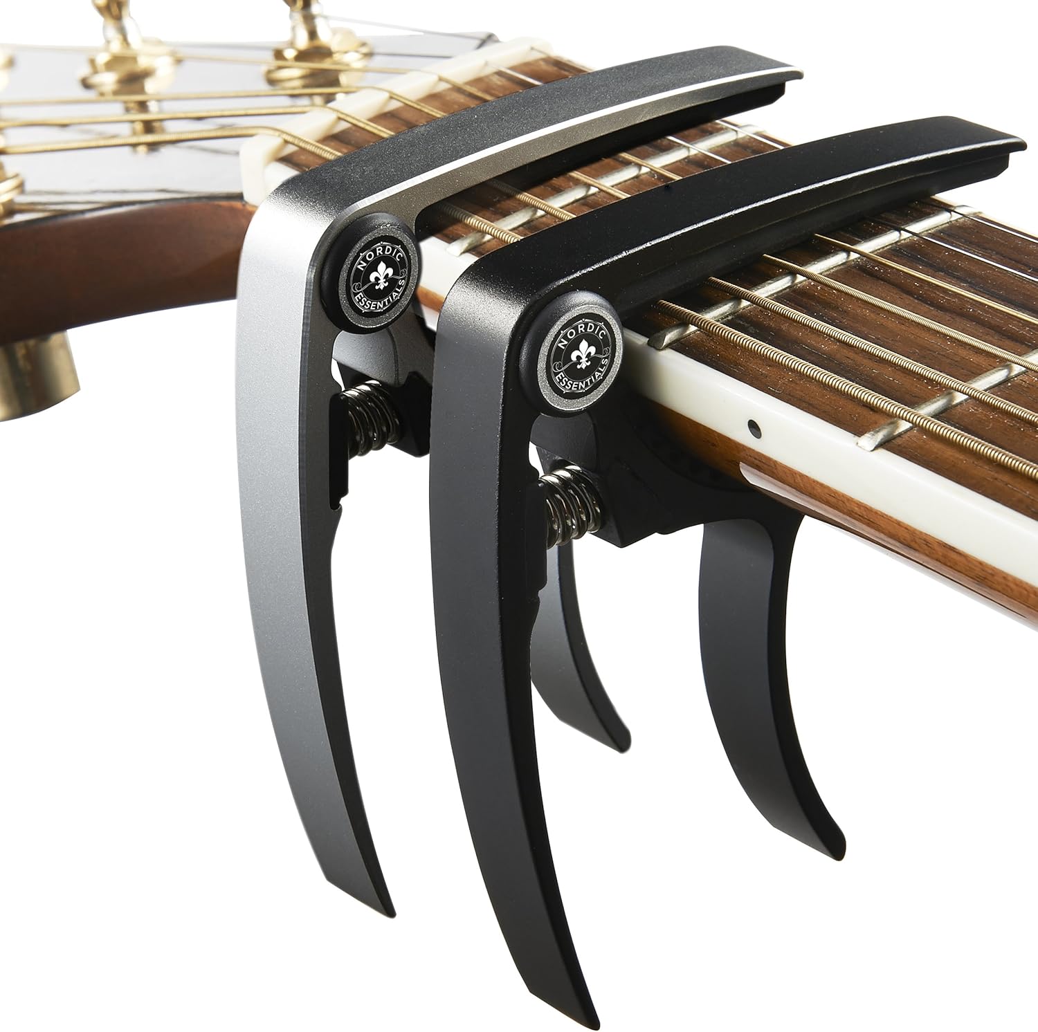 Guitar Capo (2 Pack) for Acoustic Guitars, Ukulele, Banjo, Mandolin, Bass - Made of Ultra Lightweight Aluminum Metal (1.2 oz!) for 6 12 String Instruments - Nordic Essentials, Black+Silver